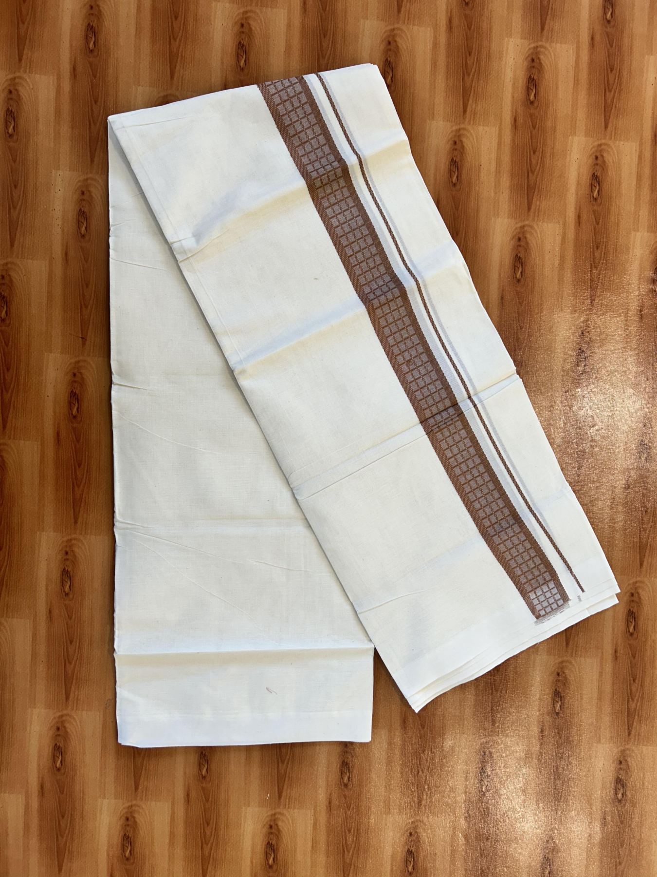 Double Off White (Unbleached) Mundu/Dhoti- 20% Discount! KaithariKada 100%  Cotton - 100X80 - 1.5 inch Light Brown Shaded Check Designer Kara - 4 mtr (8.5 Muzham) - 10 KK5451 THI