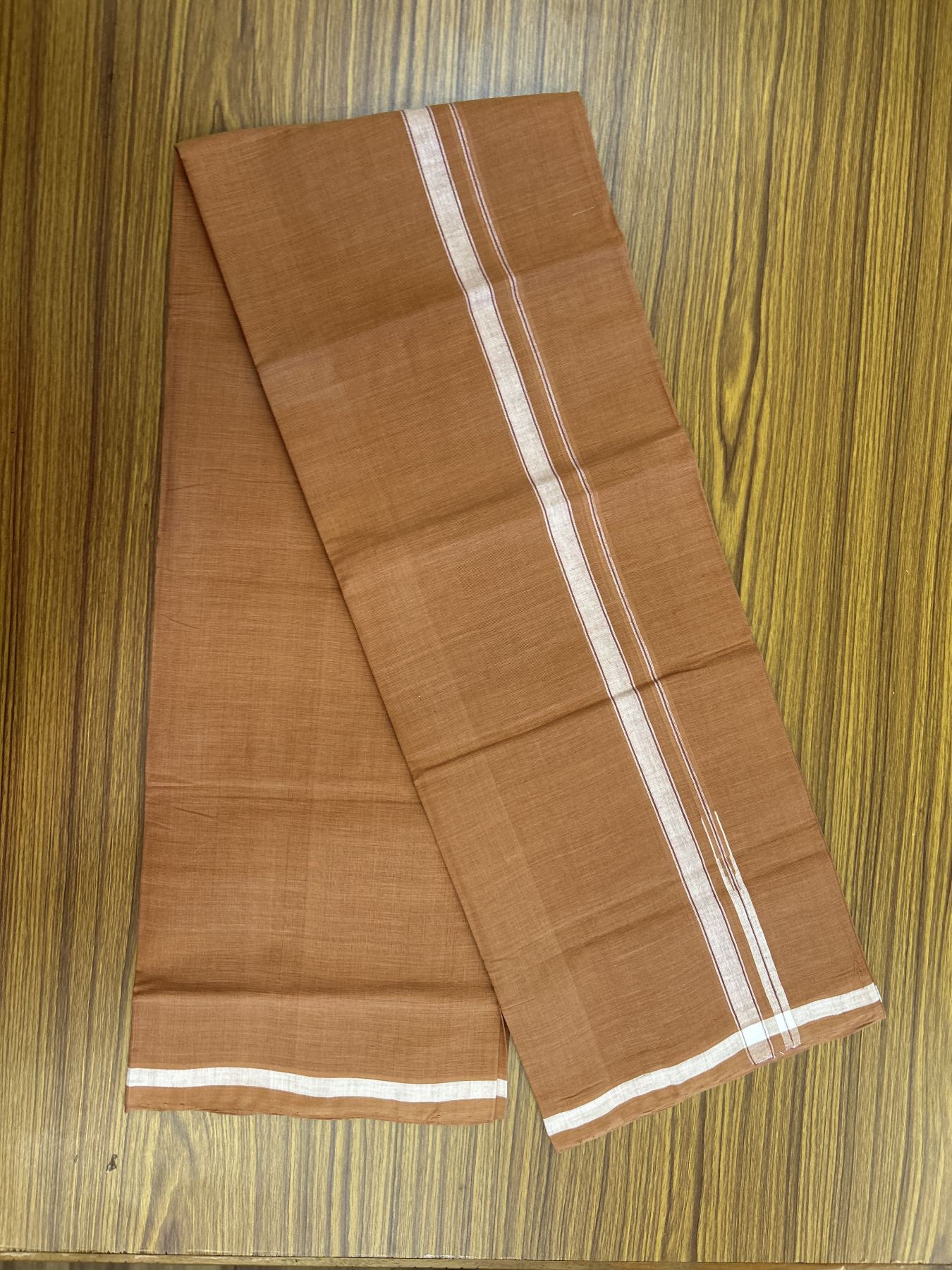 Kerala Handloom Single Hallmarked - 10% Discount !! KaithariKada 100% Pure Cotton - Mundu/Dhoti 1.5 cm Puliyilakkara White Shaded Chutty Kara with Kavi colour Body - (2 meter / 4 muzham) - 26 KK8048 ELA