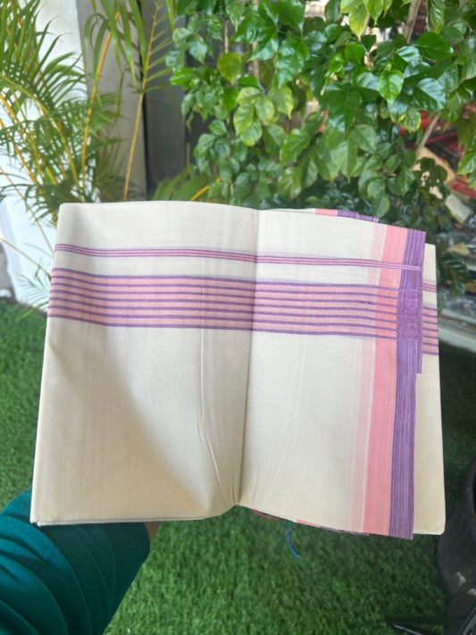 20% DISCOUNT ! KaithariKada Balaramapuram 100% Cotton Double off white (Unbleached) Mundu/Dhoti - 100X80 - 1.5 inch Violet & Peach Stripes kara - 15KK5172PMC
