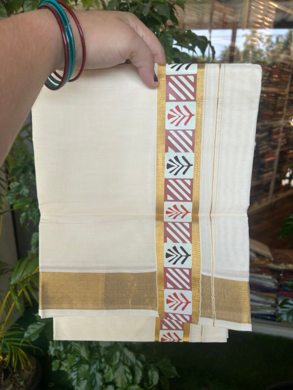 20% DISCOUNT! KaithariKada Balaramapuram 100% Cotton off white - (Unbleached) Double Mundu/Dhoti - 80X72 Cotton mix - 2 inch Printed Multicolour & Gold kasavu kara - 4KK5172PMC