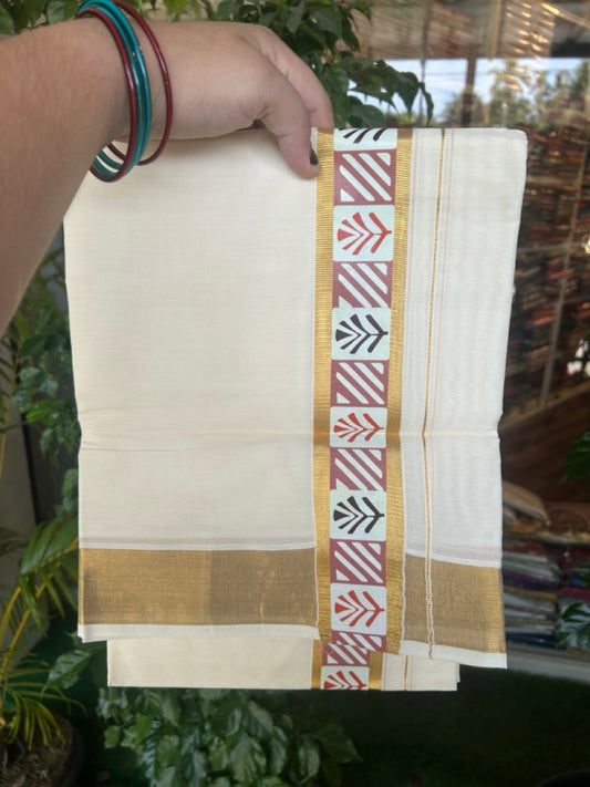 20% DISCOUNT! KaithariKada Balaramapuram 100% Cotton off white - (Unbleached) Double Mundu/Dhoti - 80X72 Cotton mix - 2 inch Printed Multicolour & Gold kasavu kara - 4KK5172PMC