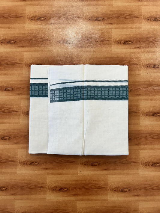 Double Off White (Unbleached) Mundu/Dhoti- 20% Discount! KaithariKada 100%  Cotton - 100X80 - 1.5 inch Bottle Green Shaded Check Designer Kara - 4 mtr (8.5 Muzham) - 11 KK5451 THI