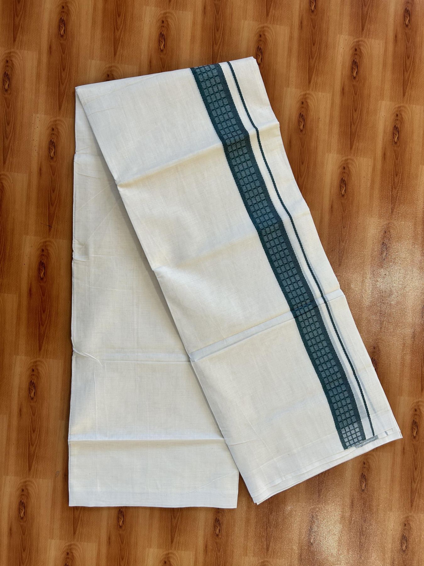 Double Off White (Unbleached) Mundu/Dhoti- 20% Discount! KaithariKada 100%  Cotton - 100X80 - 1.5 inch Bottle Green Shaded Check Designer Kara - 4 mtr (8.5 Muzham) - 11 KK5451 THI