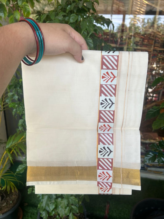 20% DISCOUNT! KaithariKada Balaramapuram 100% Cotton off white - (Unbleached) Double Mundu/Dhoti - 80X72 Cotton mix - 1.5 inch Printed Multicolour & Gold kasavu kara - 3KK5172PMC