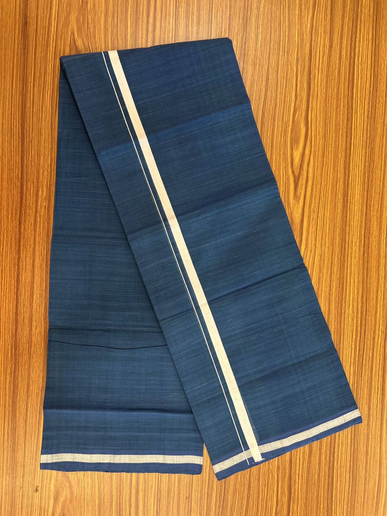 Kerala Handloom Single Hallmarked - 10% Discount !! KaithariKada 100% Pure Cotton - Mundu/Dhoti Peacock Blue Body - 1.5 cm White Kara - (2 meter / 4 muzham) - 38 KK8048 ELA