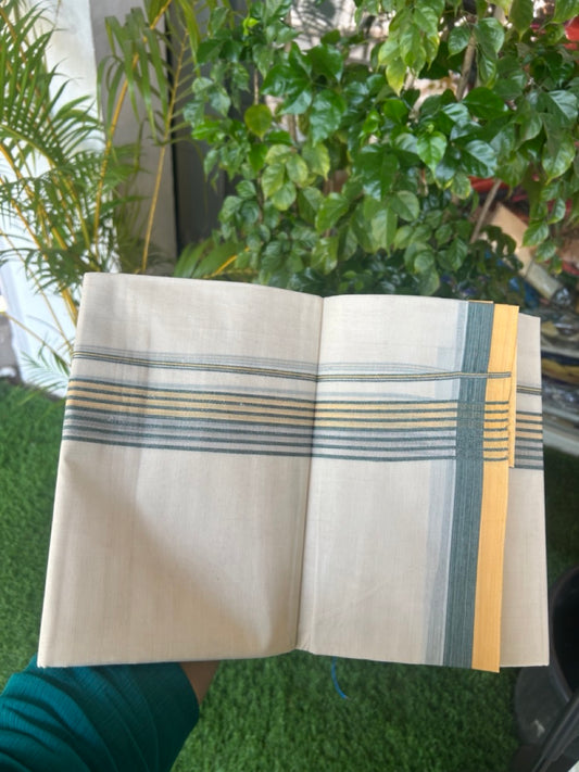 20% DISCOUNT ! KaithariKada Balaramapuram 100% Cotton Double off white (Unbleached) Mundu/Dhoti - 100X80 - 1.5 inch Silver kasavu & Yellow Green Stripes kara - 14KK5172PMC
