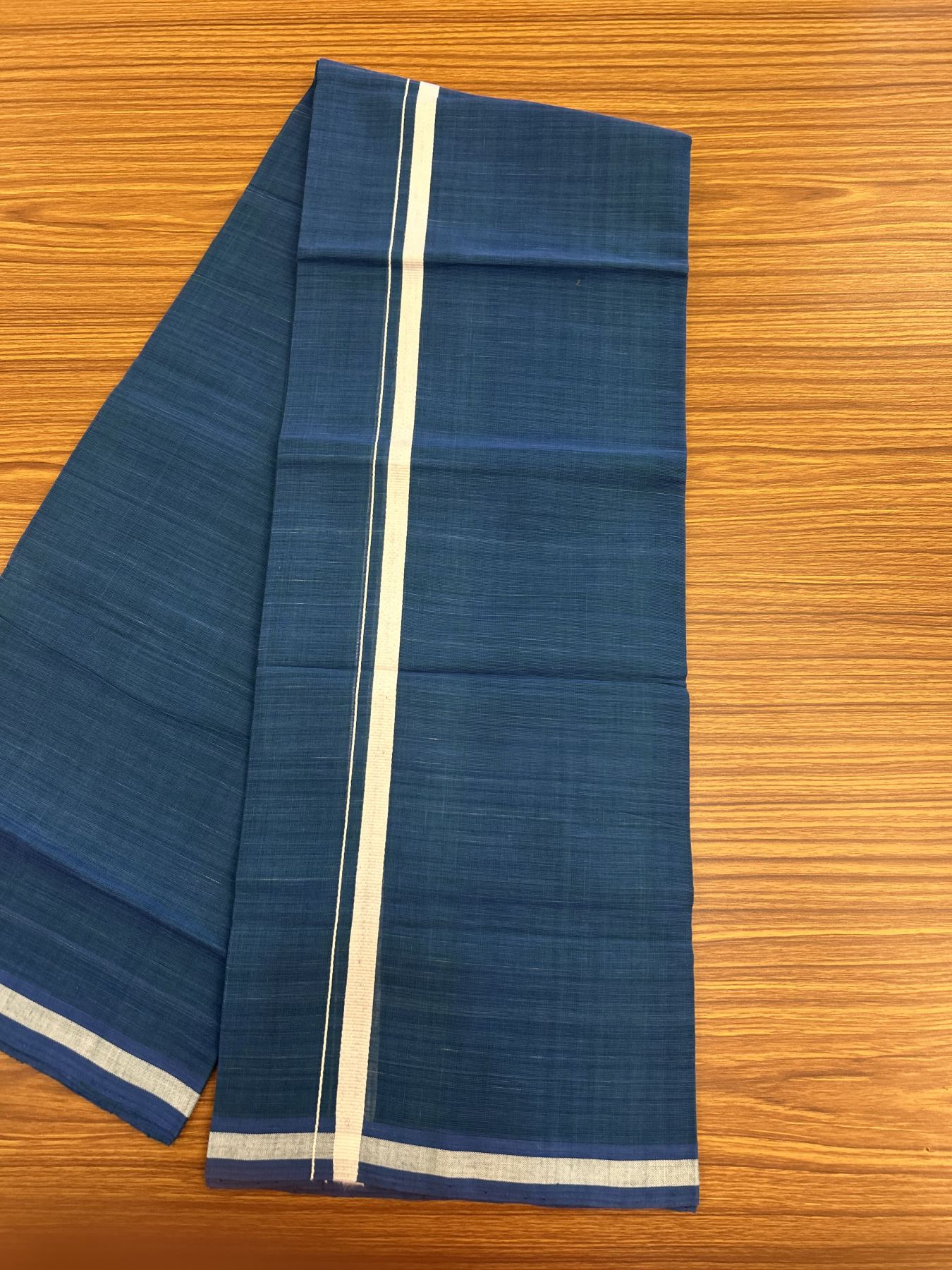 Kerala Handloom Single Hallmarked - 10% Discount !! KaithariKada 100% Pure Cotton - Mundu/Dhoti Peacock Blue Body - 1.5 cm White Kara - (2 meter / 4 muzham) - 38 KK8048 ELA
