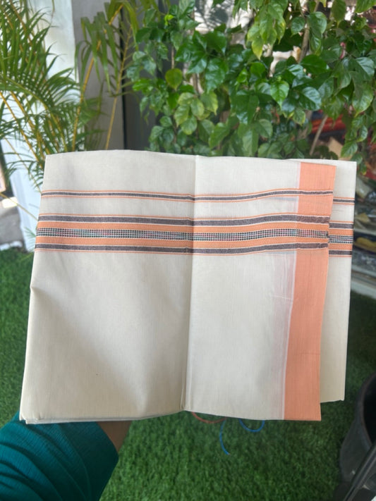 20% DISCOUNT ! KaithariKada Balaramapuram 100% Cotton Double off white (Unbleached) Mundu/Dhoti - 100X80 - 1.5 inch Silver kasavu & Orange jacquard design kara - 13KK5172PMC