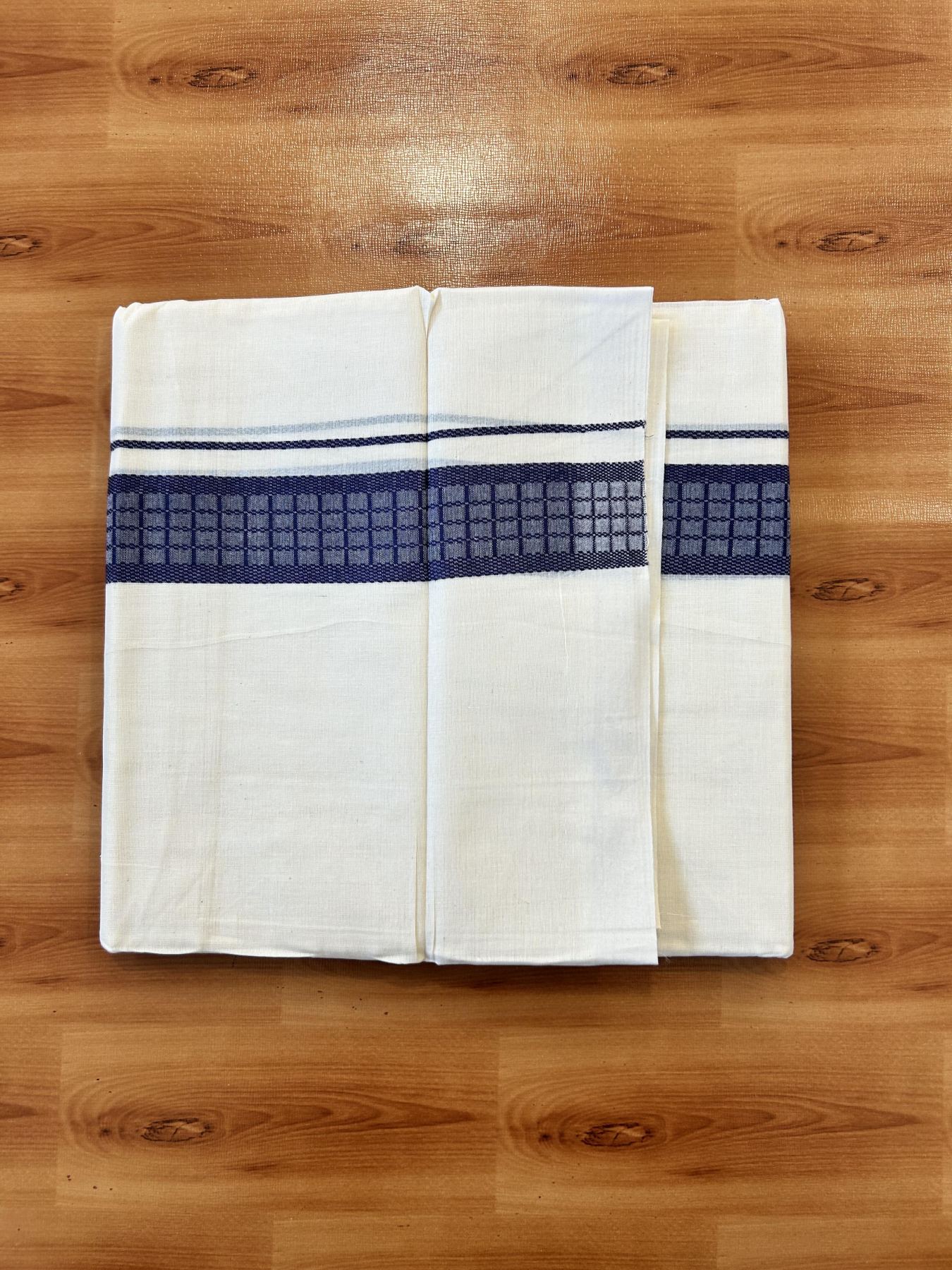 Double Off White (Unbleached) Mundu/Dhoti- 20% Discount! KaithariKada 100%  Cotton - 100X80 - 1.5 inch Dark Violet Shaded Check Designer Kara - 4 mtr (8.5 Muzham) - 12 KK5451 THI