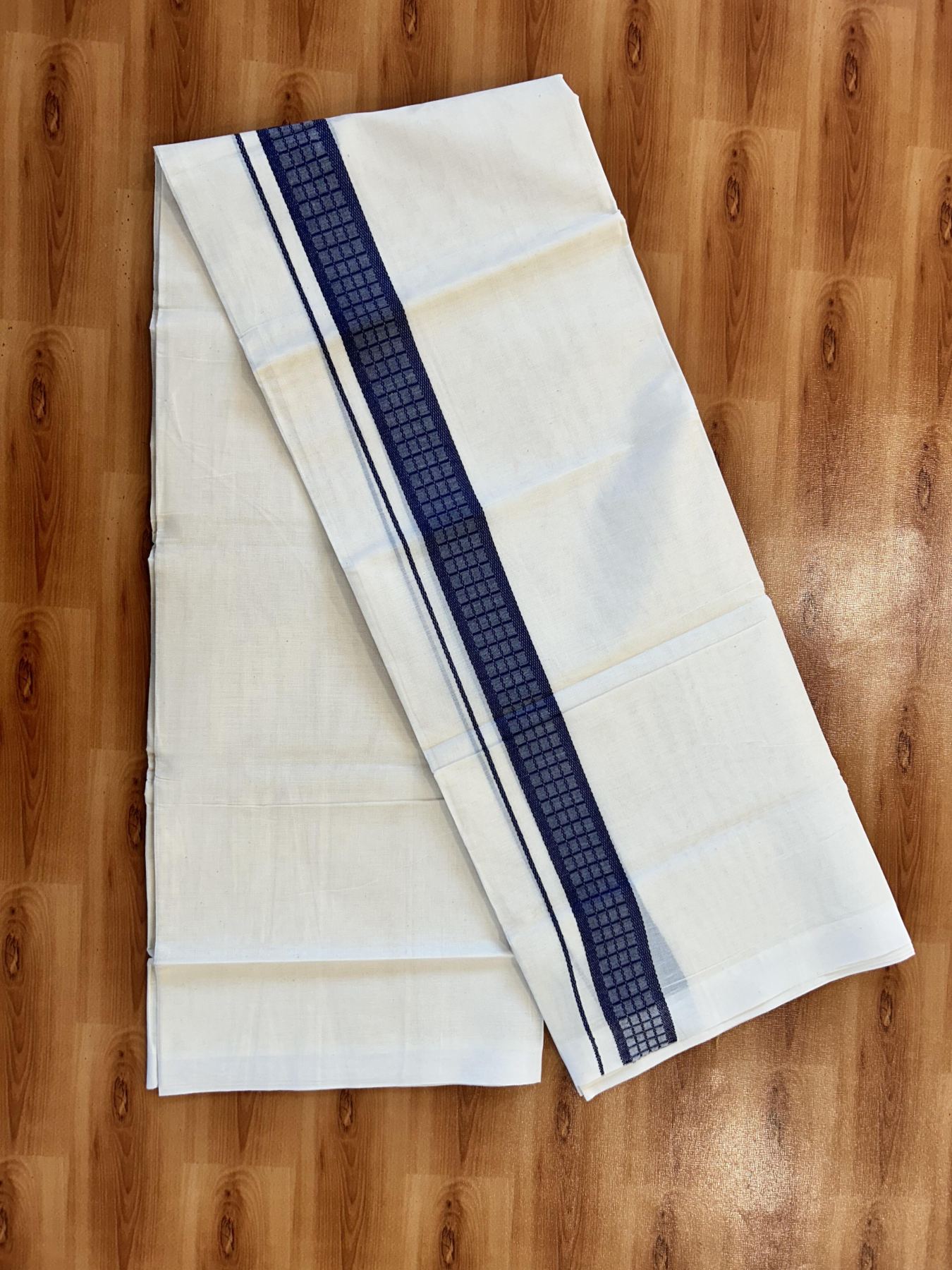 Double Off White (Unbleached) Mundu/Dhoti- 20% Discount! KaithariKada 100%  Cotton - 100X80 - 1.5 inch Dark Violet Shaded Check Designer Kara - 4 mtr (8.5 Muzham) - 12 KK5451 THI