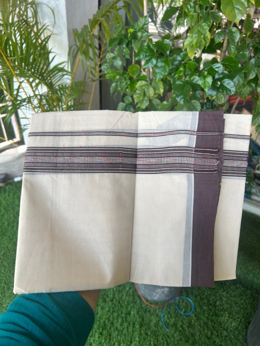 20% DISCOUNT ! KaithariKada Balaramapuram 100% Cotton Double off white (Unbleached) Mundu/Dhoti - 100X80 - 1.5 inch Silver kasavu & Dark Brown jacquard design kara - 11KK5172PMC