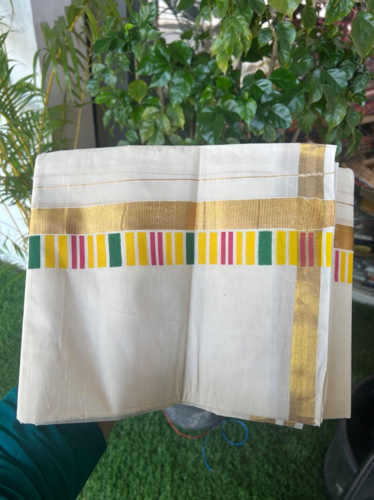 20% DISCOUNT! KaithariKada Balaramapuram 100% Cotton off white - (Unbleached) Double Mundu/Dhoti - 80X72  Cotton mix - 2.25 inch Yellow , majenta & Green striped Gold kasavu kara - 1KK5172PMC