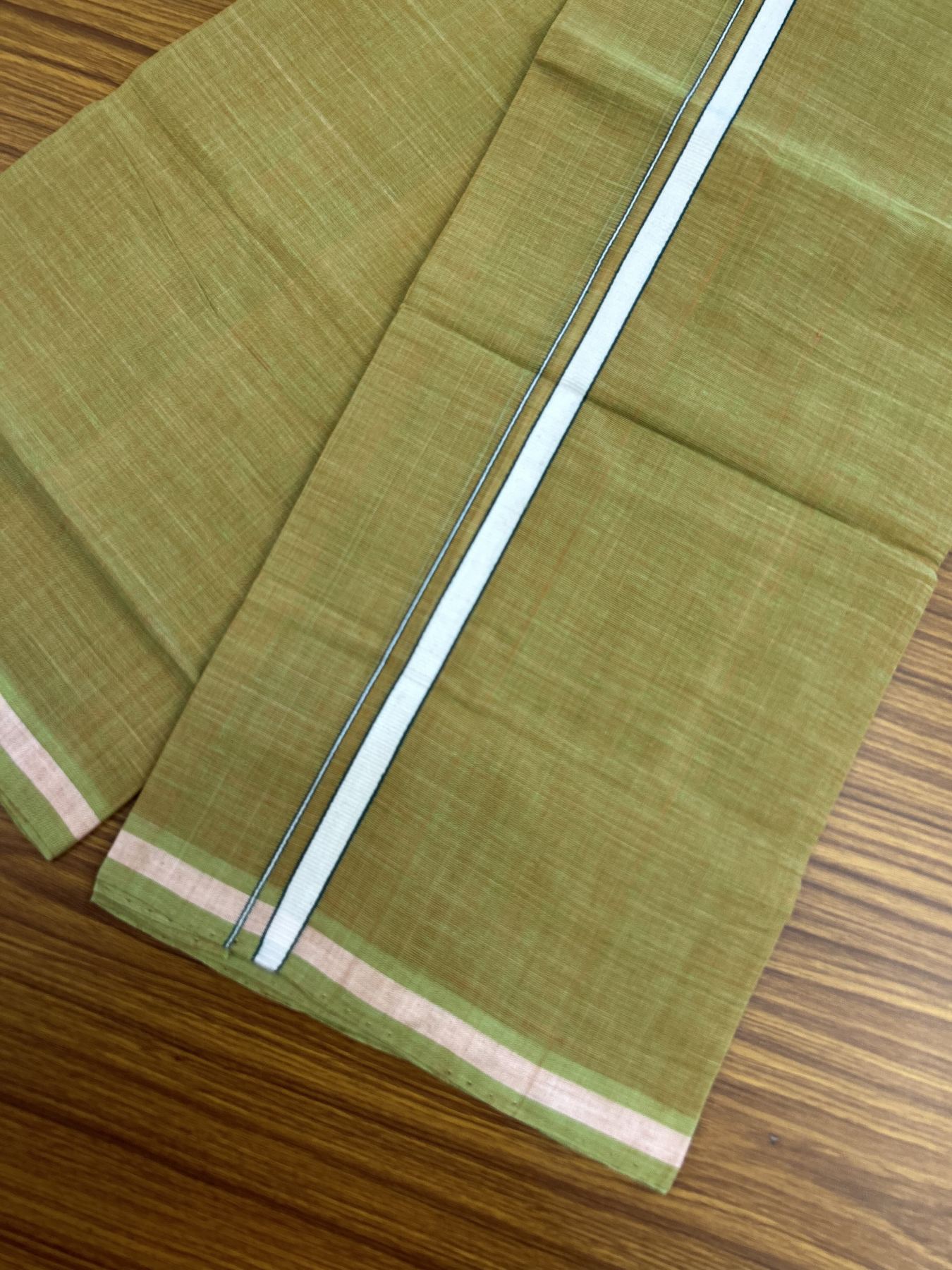 Kerala Handloom Single Hallmarked - 10% Discount !! KaithariKada 100% Pure Cotton - Mundu/Dhoti Orange & Parrot Green Body - 0.5 inch Green & White Stripes Kara - (2 meter / 4 muzham) - 32 KK8048 ELA