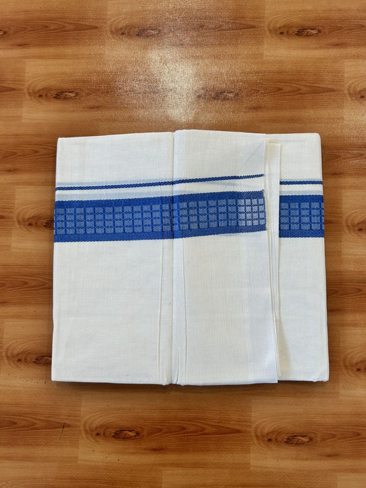 Double Off White (Unbleached) Mundu/Dhoti- 20% Discount! KaithariKada 100%  Cotton - 100X80 - 1.5 inch Denim Blue Shaded Check Designer Kara - 4 mtr (8.5 Muzham) - 13 KK5451 THI