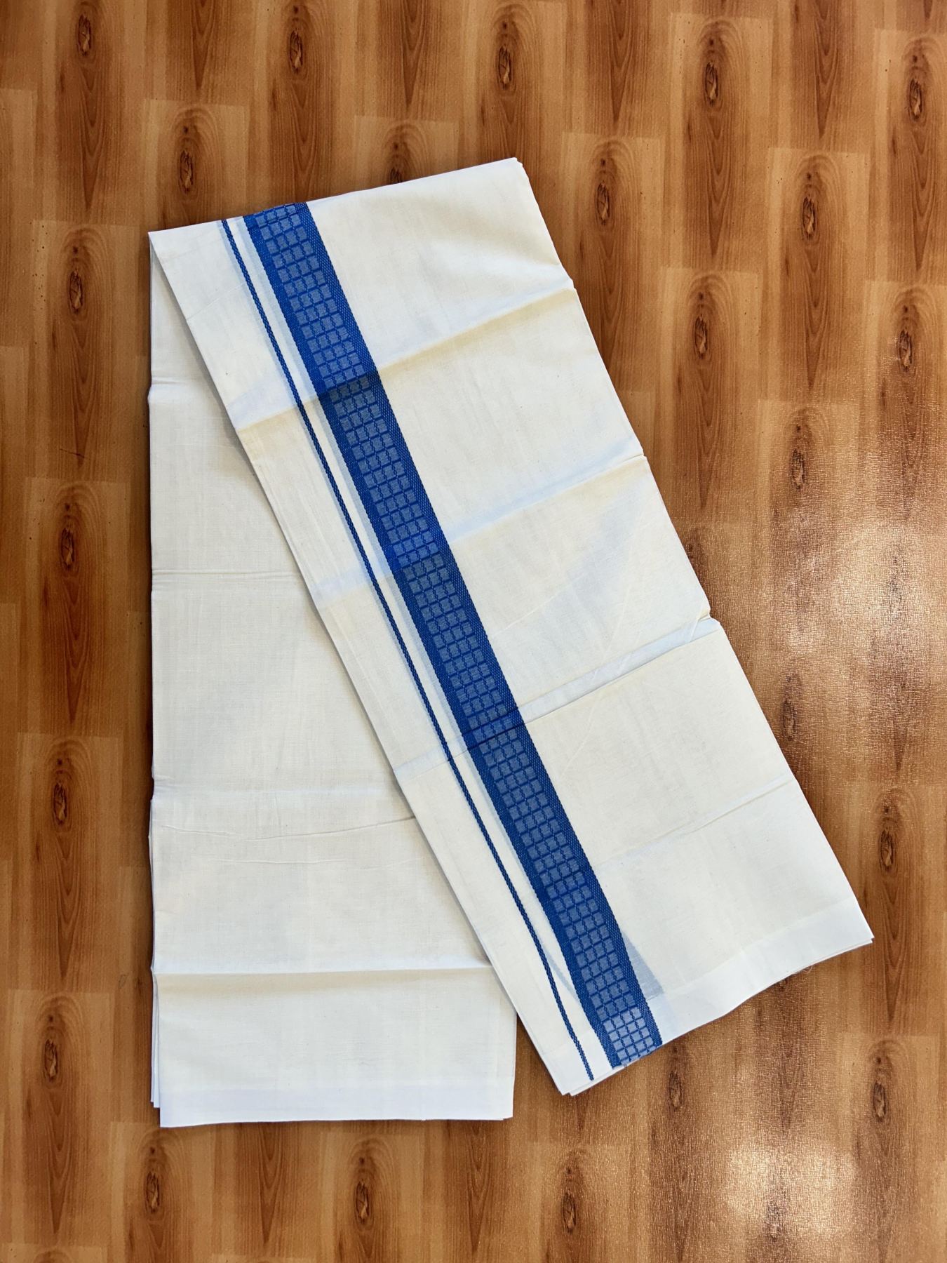 Double Off White (Unbleached) Mundu/Dhoti- 20% Discount! KaithariKada 100%  Cotton - 100X80 - 1.5 inch Denim Blue Shaded Check Designer Kara - 4 mtr (8.5 Muzham) - 13 KK5451 THI