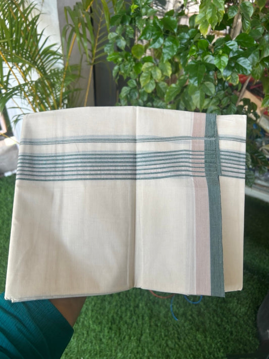 20% DISCOUNT ! KaithariKada Balaramapuram 100% Cotton Double off white (Unbleached) Mundu/Dhoti - 100X80 - 1.5 inch Silver Kasavu & Green Stripes kara - 17KK5172PMC