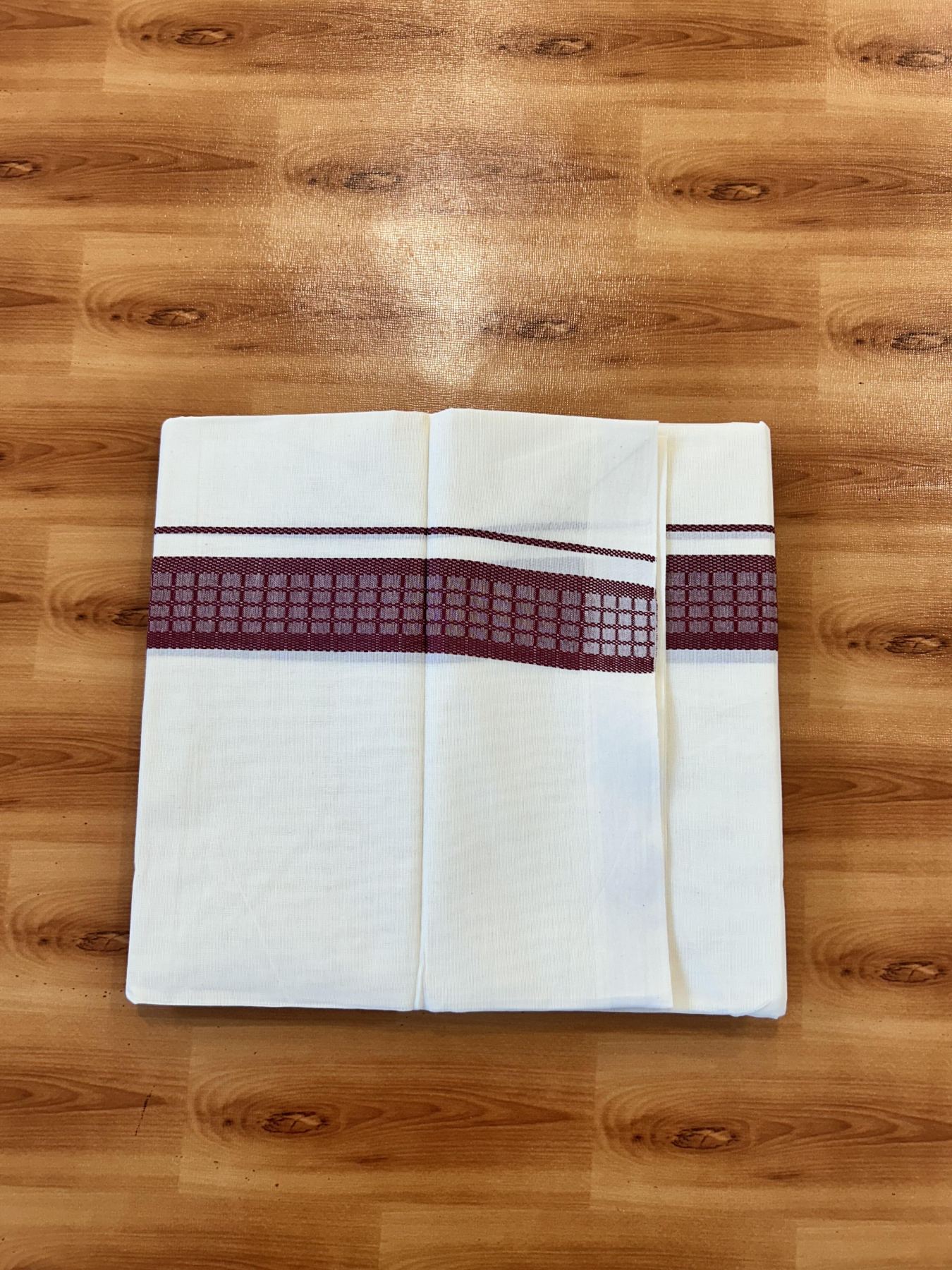 Double Off White (Unbleached) Mundu/Dhoti- 20% Discount! KaithariKada 100%  Cotton - 100X80 - 1.5 inch Maroon Shaded Check Designer Kara - 4 mtr (8.5 Muzham) - 14 KK5451 THI