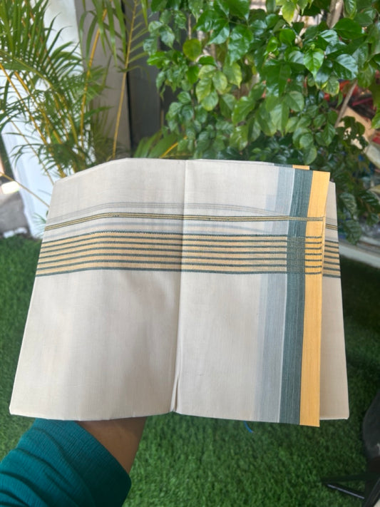 20% DISCOUNT ! KaithariKada Balaramapuram 100% Cotton Double off white (Unbleached) Mundu/Dhoti - 100X80 - 1.5 inch Yellow & Green Stripes kara - 16KK5172PMC