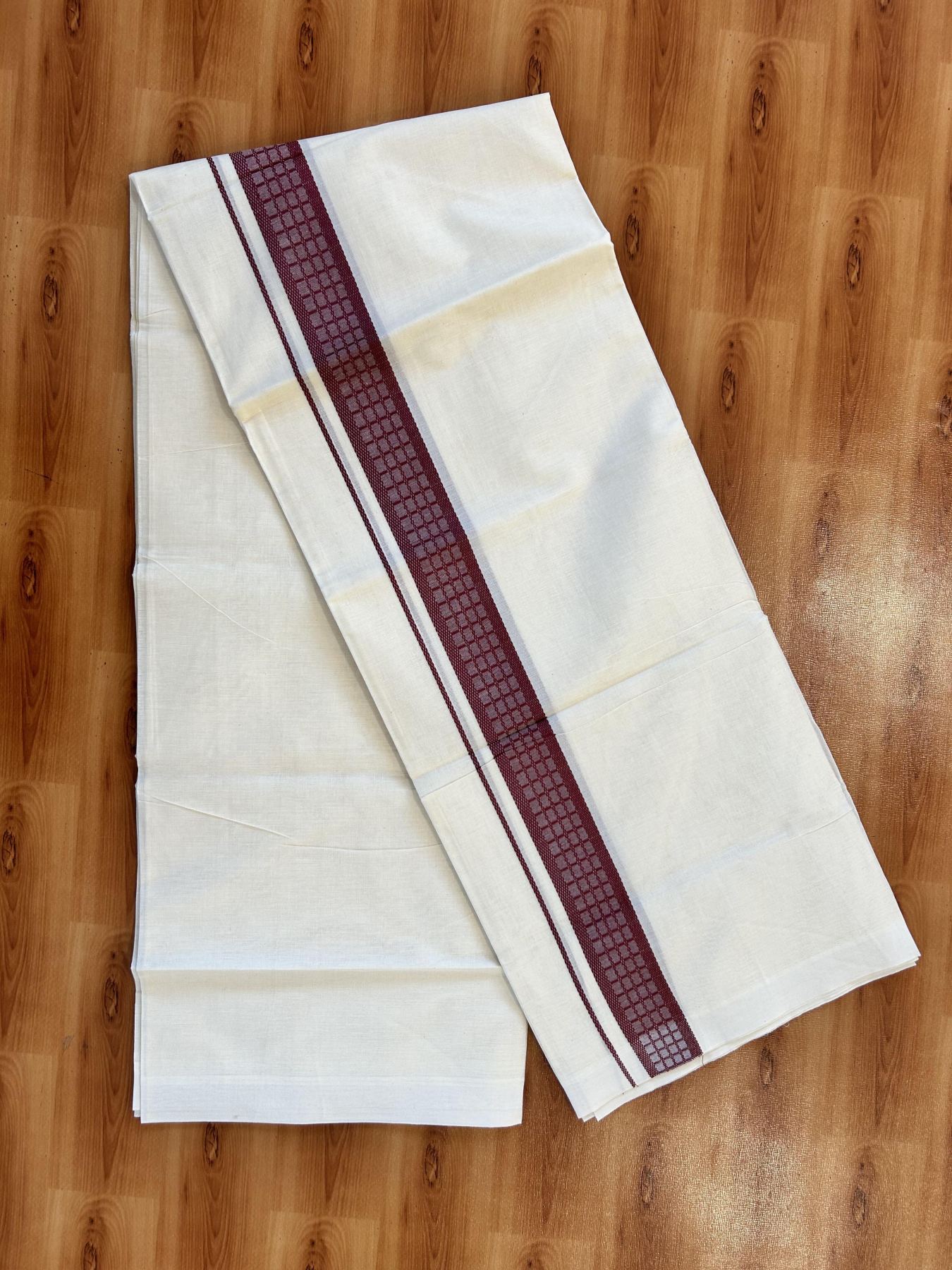 Double Off White (Unbleached) Mundu/Dhoti- 20% Discount! KaithariKada 100%  Cotton - 100X80 - 1.5 inch Maroon Shaded Check Designer Kara - 4 mtr (8.5 Muzham) - 14 KK5451 THI