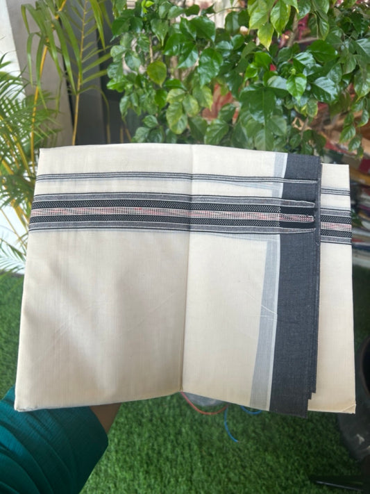 20% DISCOUNT ! KaithariKada Balaramapuram 100% Cotton Double off white (Unbleached) Mundu/Dhoti - 100X80 - 1.5 inch Silver kasavu & Black jacquard design kara - 12KK5172PMC