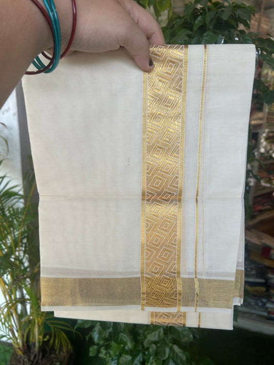 20% DISCOUNT! KaithariKada Balaramapuram 100% Cotton off white - (Unbleached) Double Mundu/Dhoti - 80X72 Cotton mix - 2 inch Gold kasavu Design Jacquard kara - 8KK5172PMC
