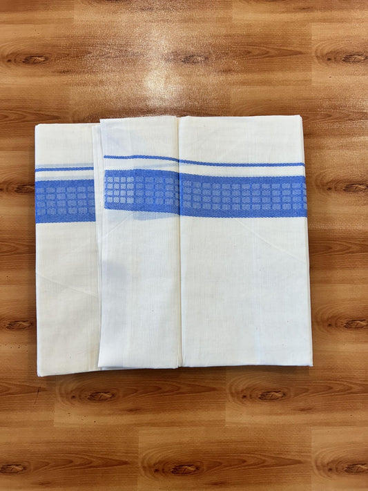 Double Off White (Unbleached) Mundu/Dhoti- 20% Discount! KaithariKada 100%  Cotton - 100X80 - 1.5 inch Light Blue Shaded Check Designer Kara - 4 mtr (8.5 Muzham) - 34 KK5451 THI