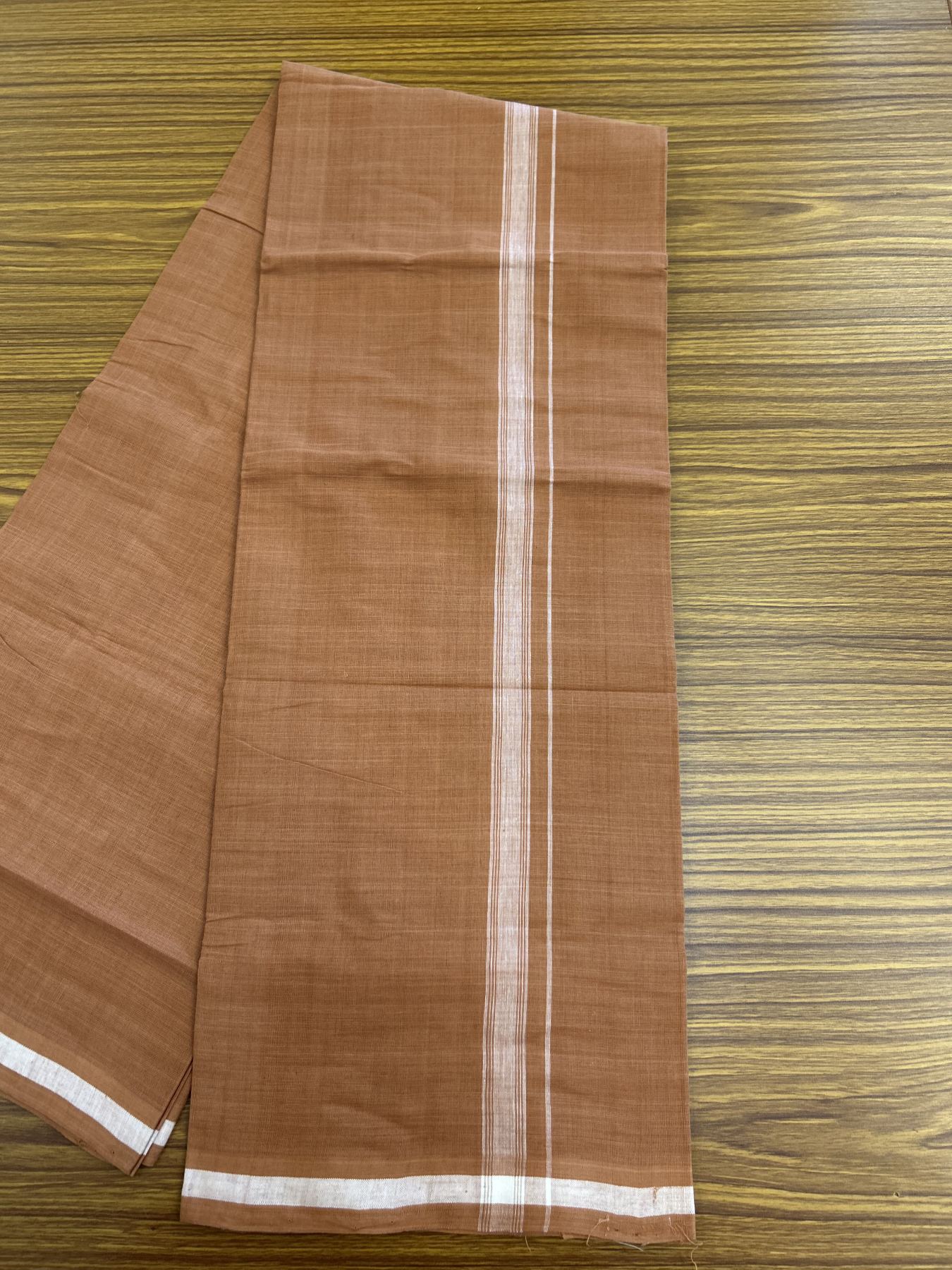 Kerala Handloom Single Hallmarked - 10% Discount !! KaithariKada 100% Pure Cotton - Mundu/Dhoti 2 cm White Shaded Striped Kara with Kavi colour Body - (2 meter / 4 muzham) - 27 KK8048 ELA
