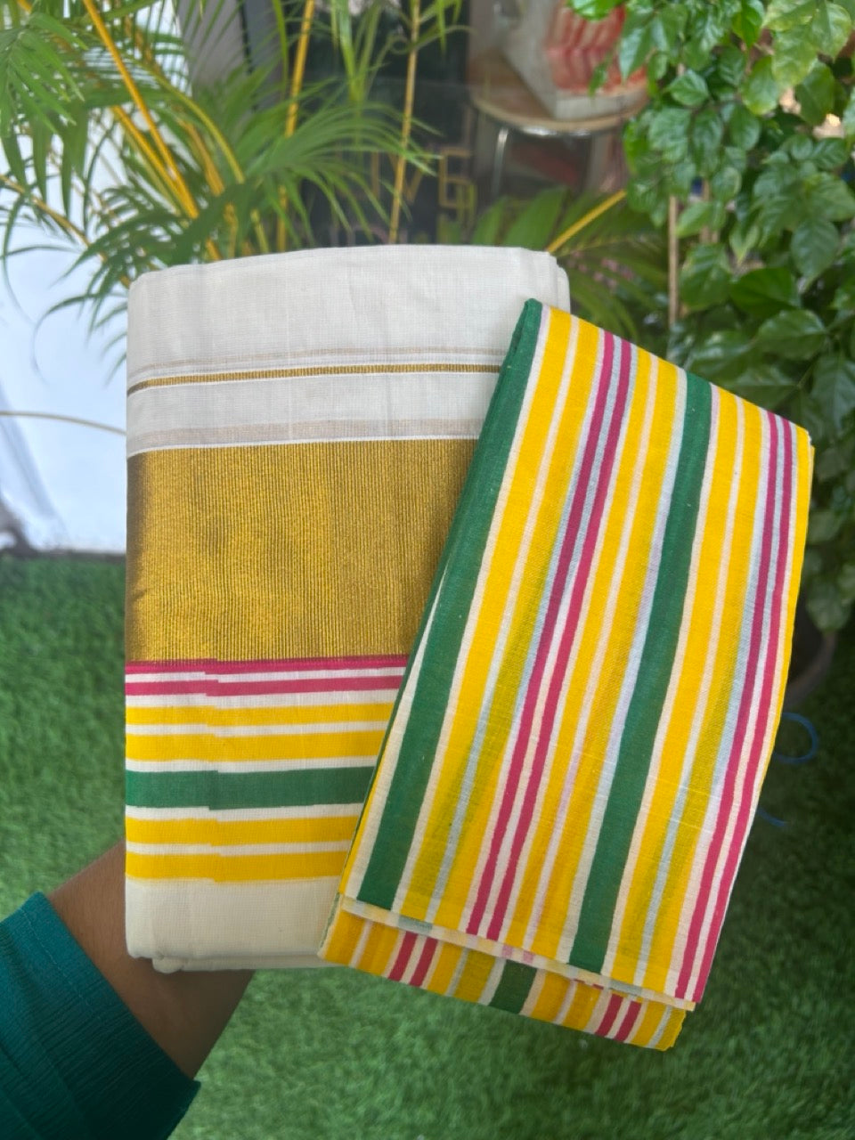 20% Discount!! KaithariKada - Kerala Pure Cotton OFF WHITE Single Set Mundu with Blouse Piece - EXTRA LENGTH - Gold Kasavu Yellow,Green & Magenta Stripes Big Kara - 27KK5172PMC