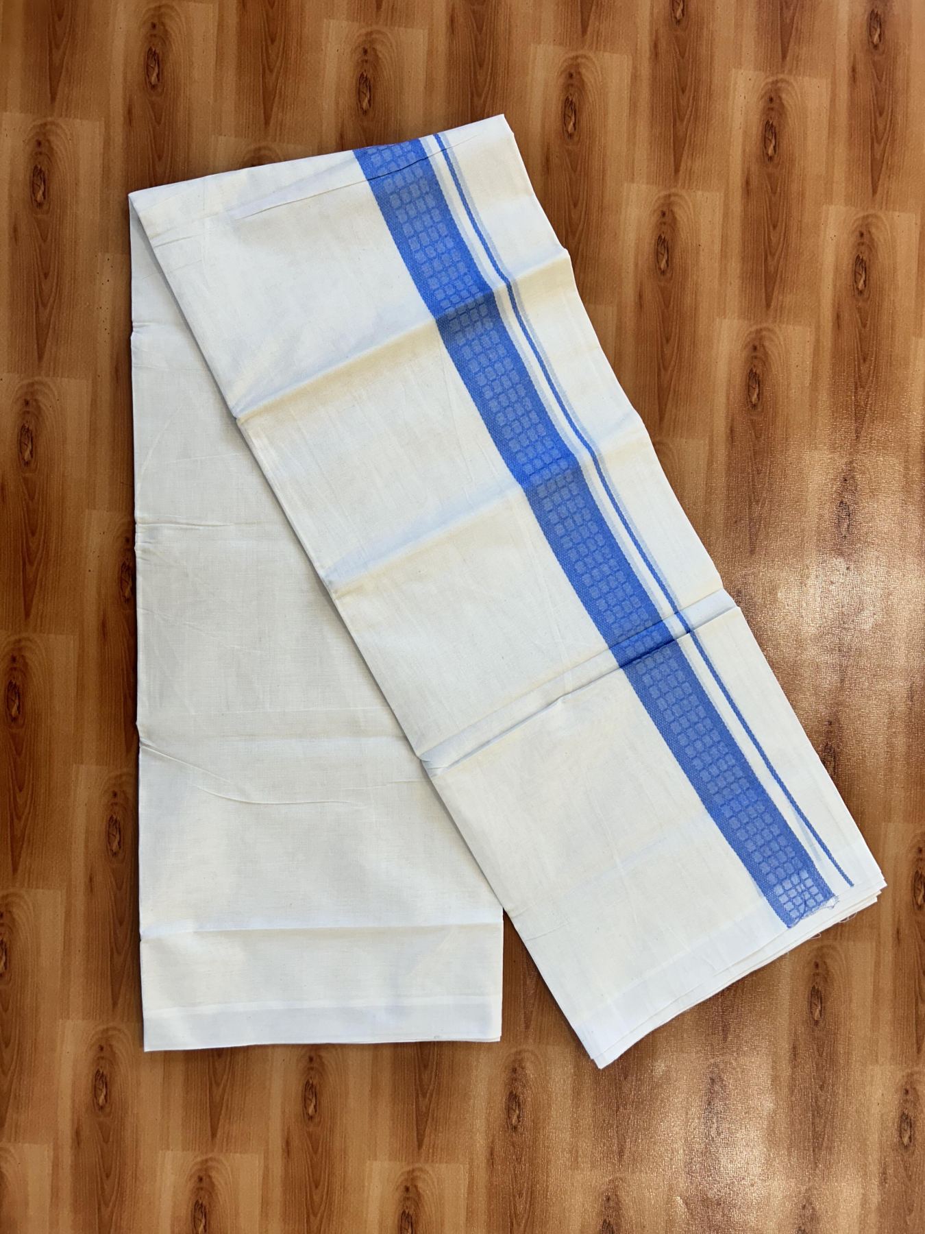 Double Off White (Unbleached) Mundu/Dhoti- 20% Discount! KaithariKada 100%  Cotton - 100X80 - 1.5 inch Light Blue Shaded Check Designer Kara - 4 mtr (8.5 Muzham) - 34 KK5451 THI