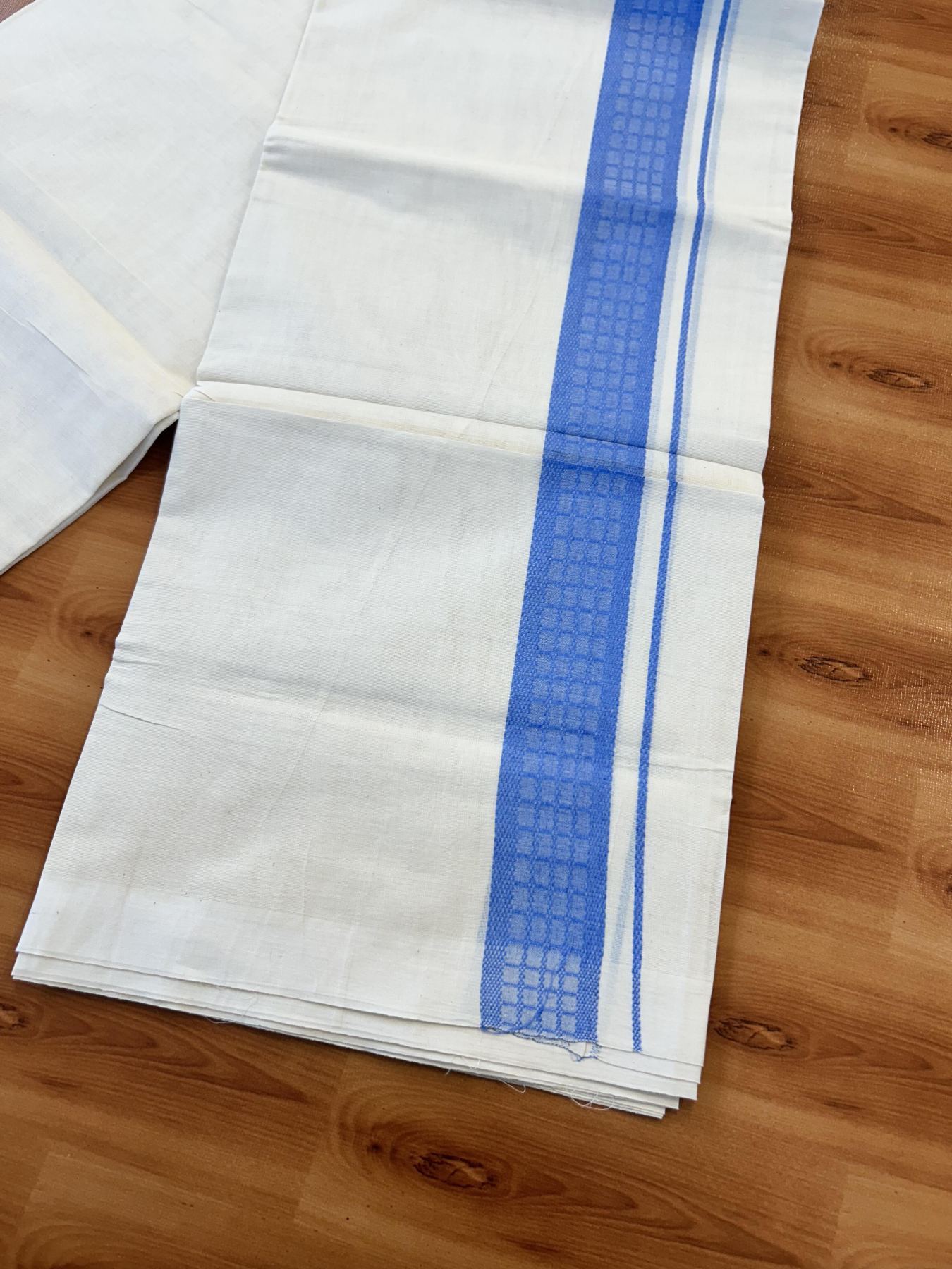 Double Off White (Unbleached) Mundu/Dhoti- 20% Discount! KaithariKada 100%  Cotton - 100X80 - 1.5 inch Light Blue Shaded Check Designer Kara - 4 mtr (8.5 Muzham) - 34 KK5451 THI