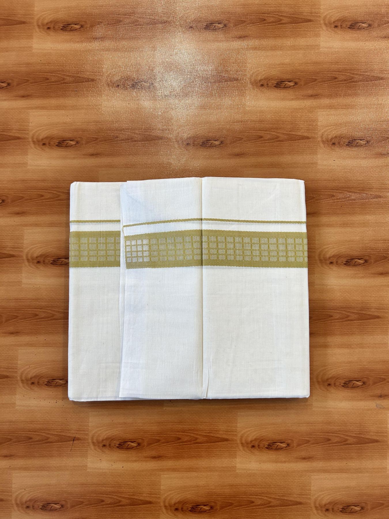 Double Off White (Unbleached) Mundu/Dhoti- 20% Discount! KaithariKada 100%  Cotton - 100X80 - 1.5 inch Mustard Yellow Shaded Check Designer Kara - 4 mtr (8.5 Muzham) - 35 KK5451 THI