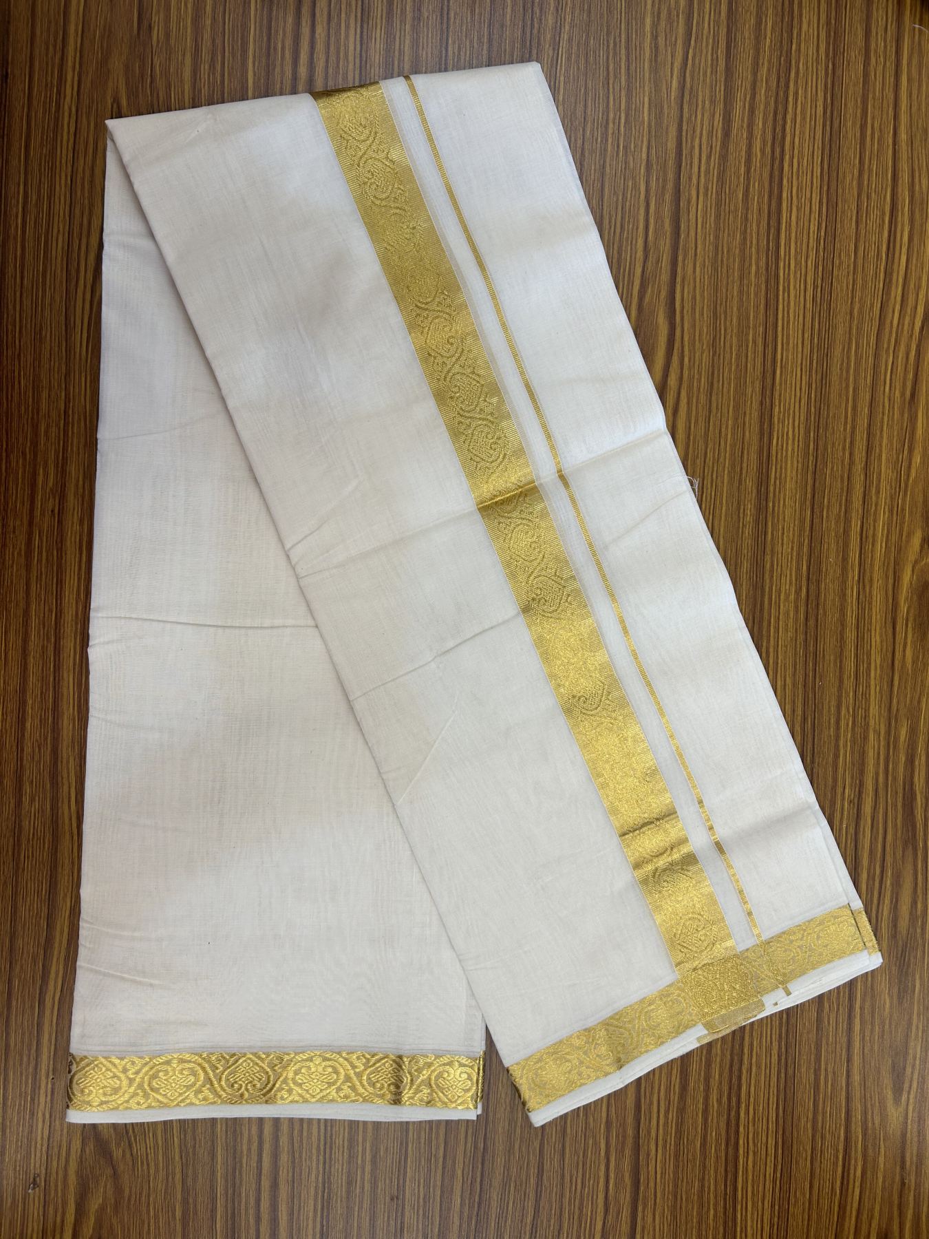 25% Discount ! KaithariKada Kerala Handloom Millpaav  - 100% Pure Cotton Off White- (Unbleached) Double Mundu/Dhoti - 80x90 - 1.75 inch Gold Kasav Jacquard Design Kara 4 mtr (8.5 Muzham) - 45 KK5337 RAM