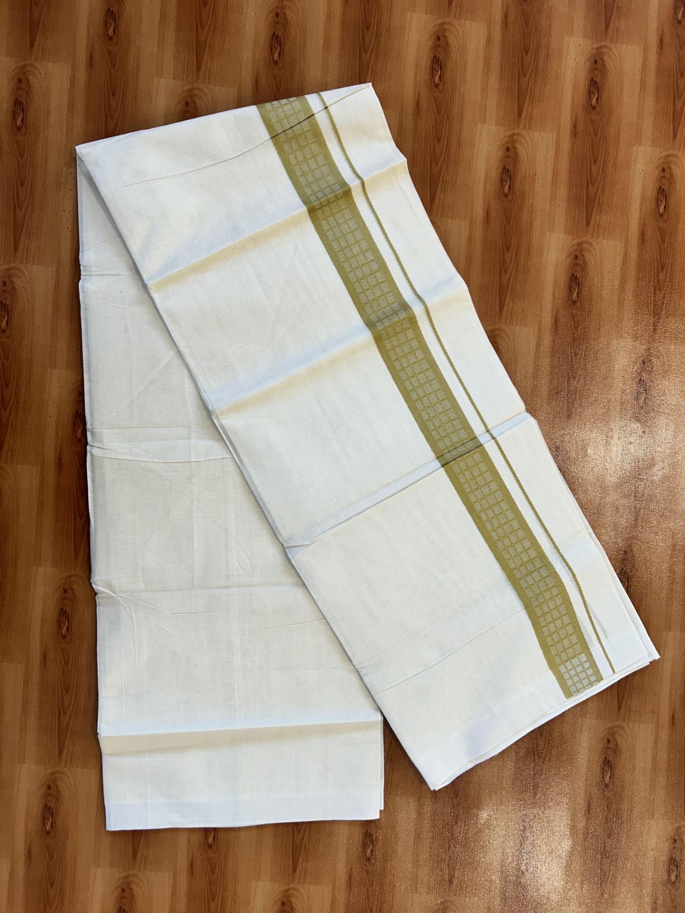 Double Off White (Unbleached) Mundu/Dhoti- 20% Discount! KaithariKada 100%  Cotton - 100X80 - 1.5 inch Mustard Yellow Shaded Check Designer Kara - 4 mtr (8.5 Muzham) - 35 KK5451 THI