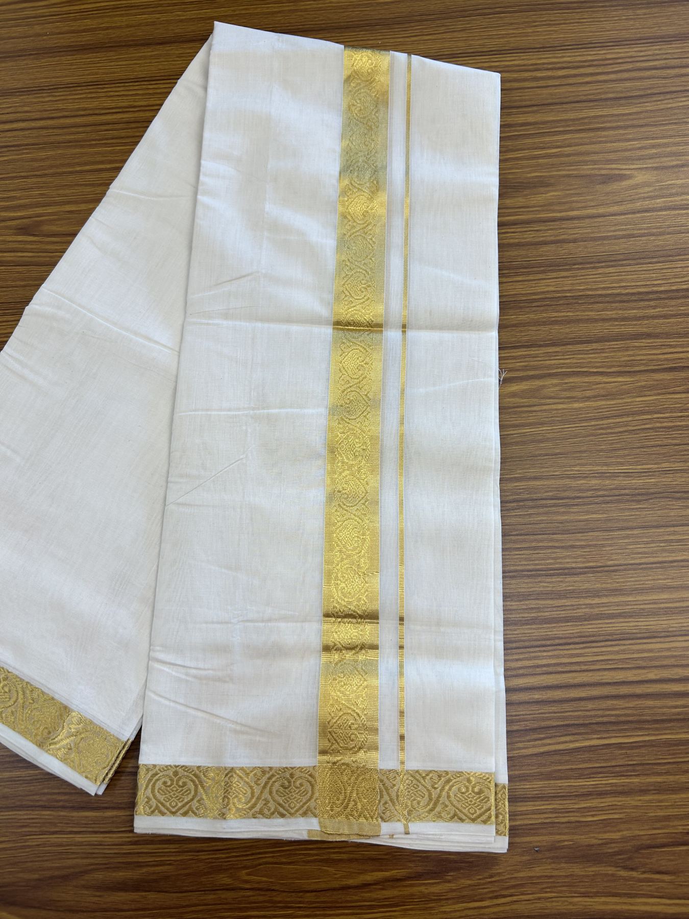 25% Discount ! KaithariKada Kerala Handloom Millpaav  - 100% Pure Cotton Off White- (Unbleached) Double Mundu/Dhoti - 80x90 - 1.75 inch Gold Kasav Jacquard Design Kara 4 mtr (8.5 Muzham) - 45 KK5337 RAM