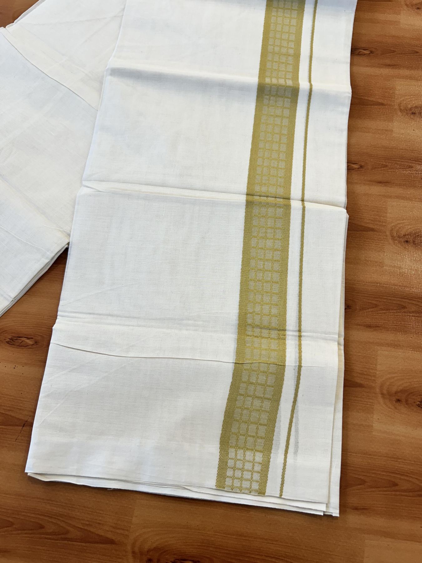 Double Off White (Unbleached) Mundu/Dhoti- 20% Discount! KaithariKada 100%  Cotton - 100X80 - 1.5 inch Mustard Yellow Shaded Check Designer Kara - 4 mtr (8.5 Muzham) - 35 KK5451 THI