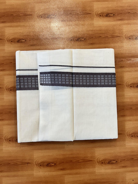 Double Off White (Unbleached) Mundu/Dhoti- 20% Discount! KaithariKada 100%  Cotton - 100X80 - 1.5 inch Dark Coffee Brown Shaded Check Designer Kara - 4 mtr (8.5 Muzham) - 36 KK5451 THI