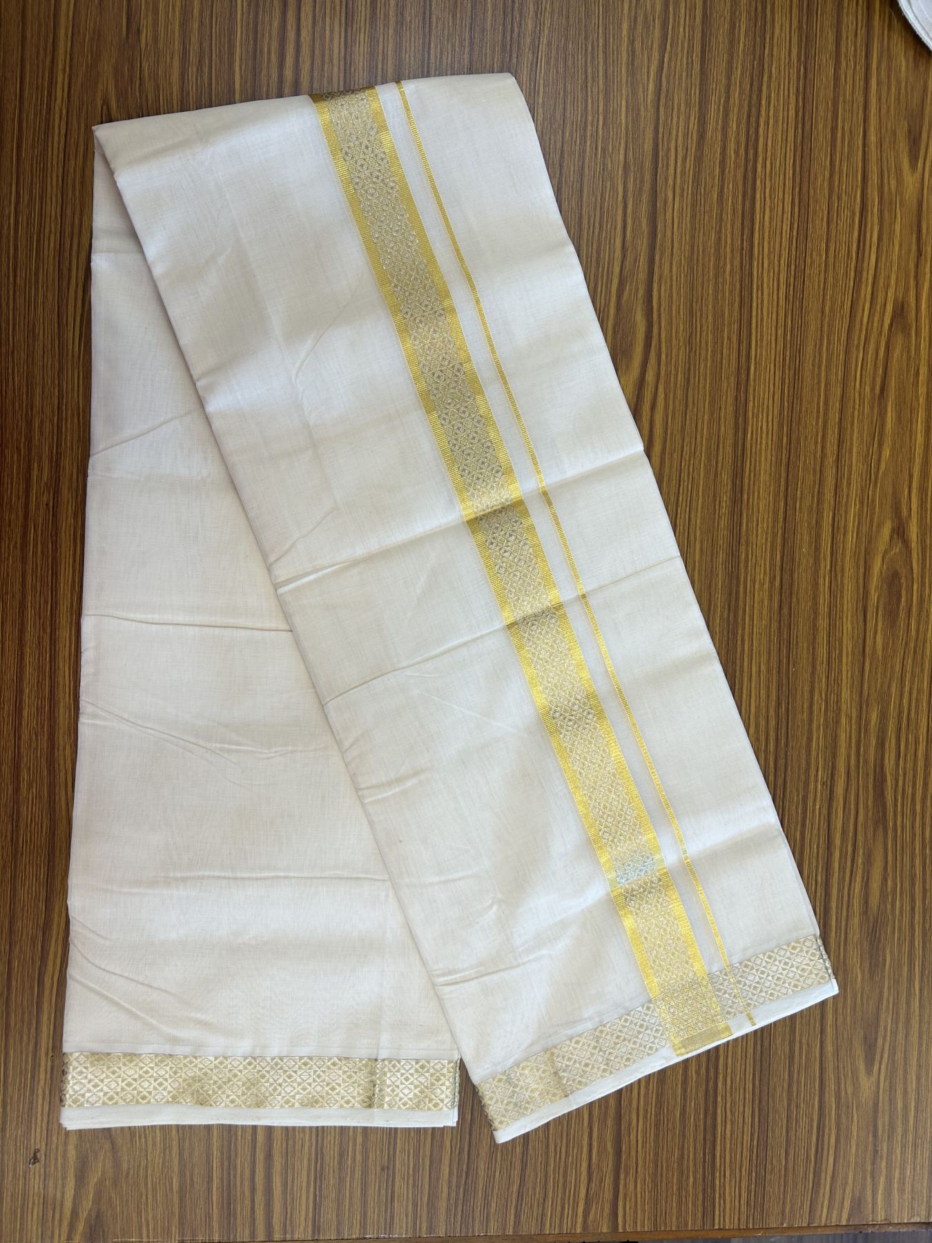 25% Discount ! KaithariKada Handloom Millpaav - Kerala Handloom - 100% Pure Cotton Off White (Unbleached) Double Mundu/Dhoti - 80x90 - 1.5 inch Gold Kasav & Silver Kasav Jacquard Design Kara 4 mtr (8.5 Muzham) - 23  KK5337 RAM