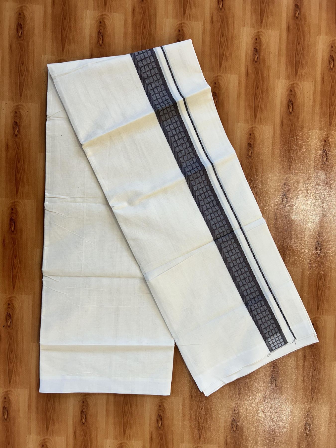 Double Off White (Unbleached) Mundu/Dhoti- 20% Discount! KaithariKada 100%  Cotton - 100X80 - 1.5 inch Dark Coffee Brown Shaded Check Designer Kara - 4 mtr (8.5 Muzham) - 36 KK5451 THI