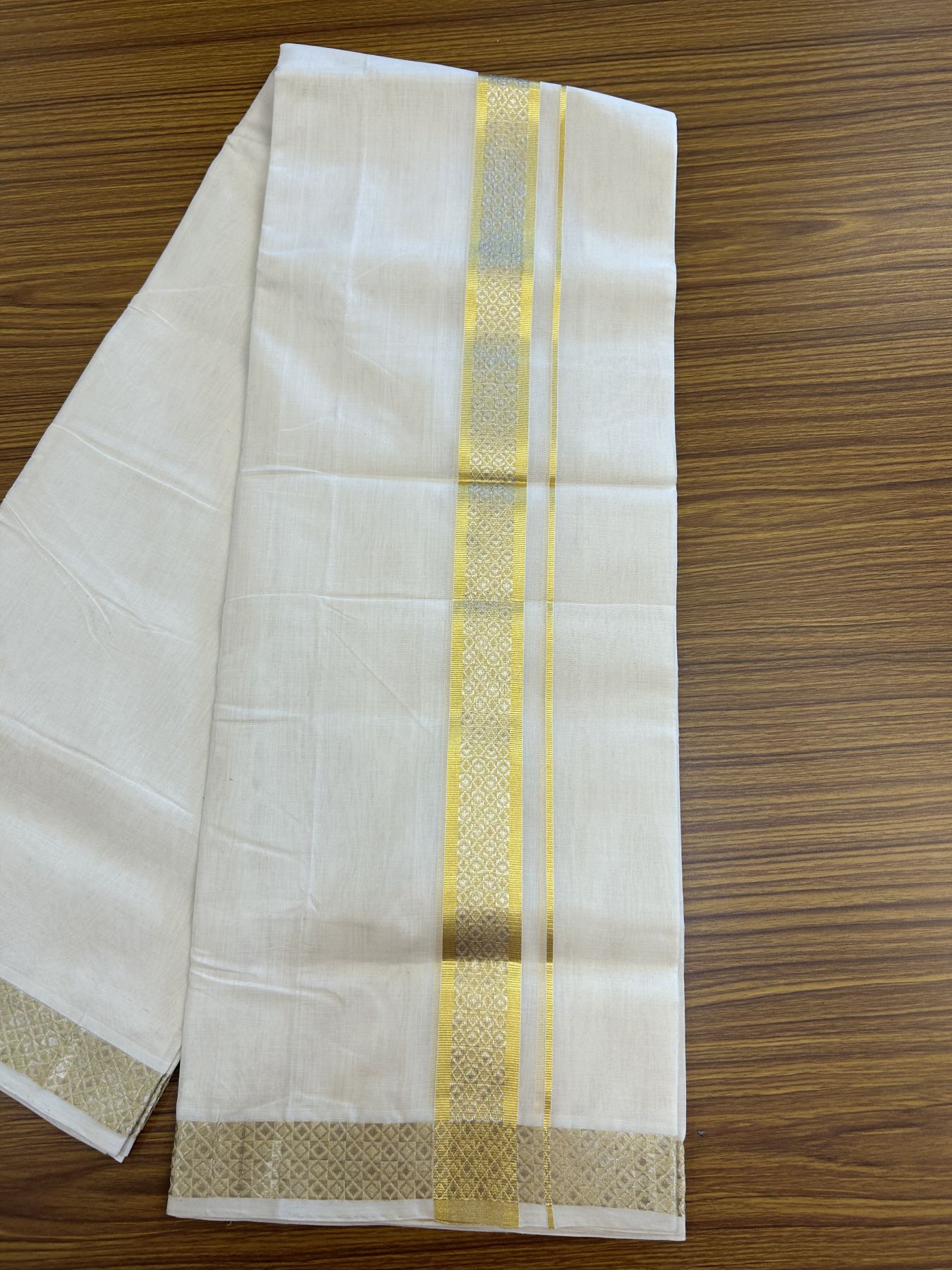 25% Discount ! KaithariKada Handloom Millpaav - Kerala Handloom - 100% Pure Cotton Off White (Unbleached) Double Mundu/Dhoti - 80x90 - 1.5 inch Gold Kasav & Silver Kasav Jacquard Design Kara 4 mtr (8.5 Muzham) - 23  KK5337 RAM