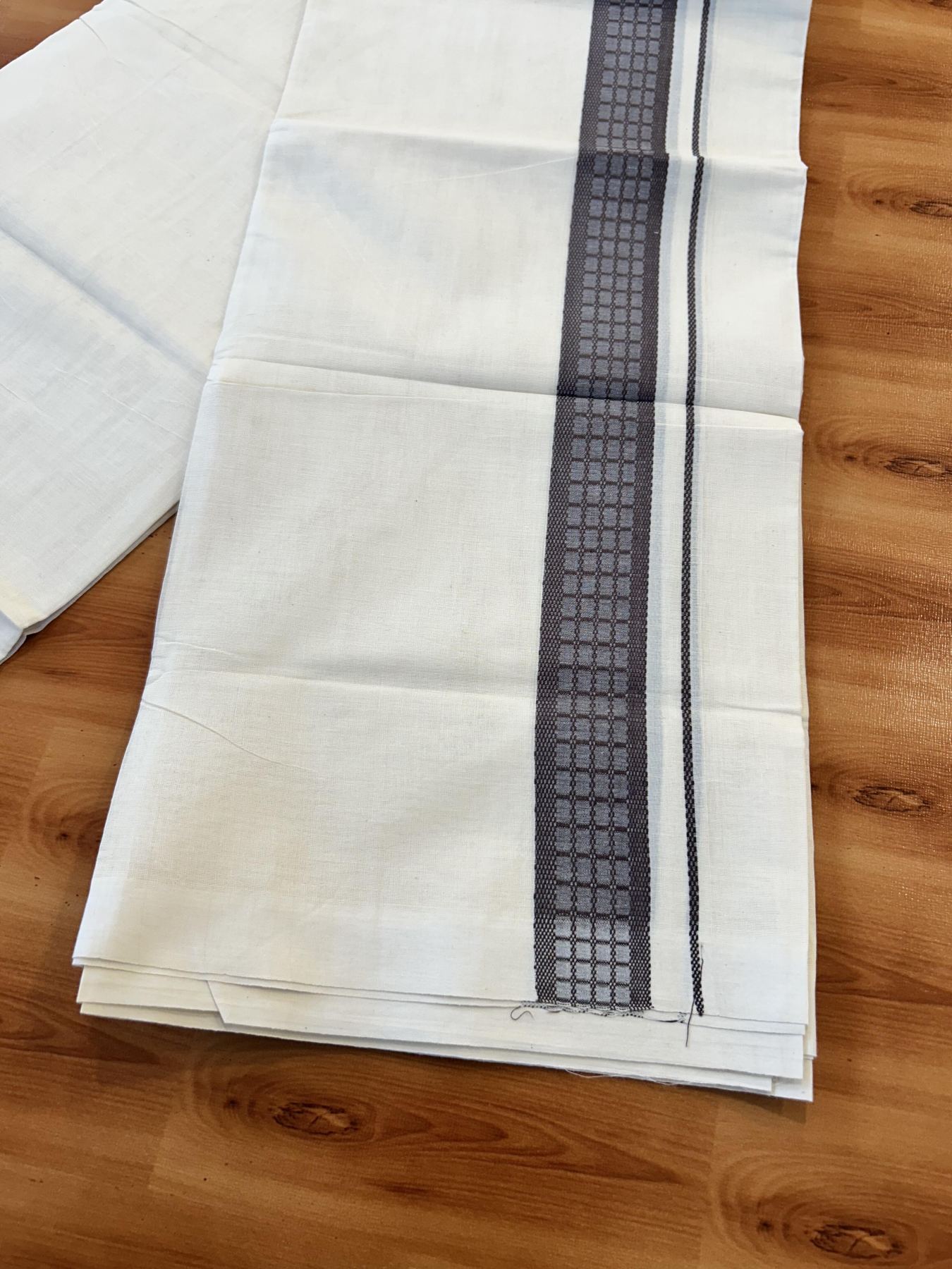 Double Off White (Unbleached) Mundu/Dhoti- 20% Discount! KaithariKada 100%  Cotton - 100X80 - 1.5 inch Dark Coffee Brown Shaded Check Designer Kara - 4 mtr (8.5 Muzham) - 36 KK5451 THI