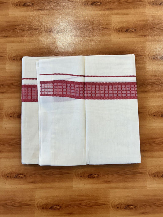Double Off White (Unbleached) Mundu/Dhoti- 20% Discount! KaithariKada 100%  Cotton - 100X80 - 1.5 inch Rose Red Shaded Check Designer Kara - 4 mtr (8.5 Muzham) - 37 KK5451 THI