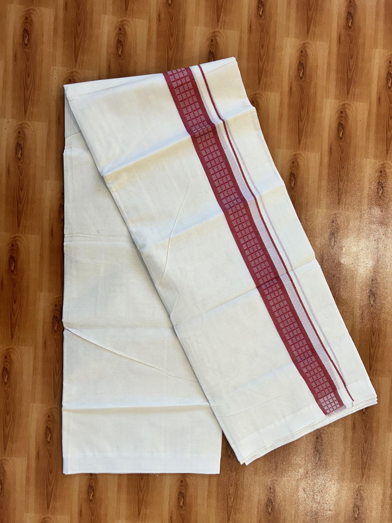 Double Off White (Unbleached) Mundu/Dhoti- 20% Discount! KaithariKada 100%  Cotton - 100X80 - 1.5 inch Rose Red Shaded Check Designer Kara - 4 mtr (8.5 Muzham) - 37 KK5451 THI