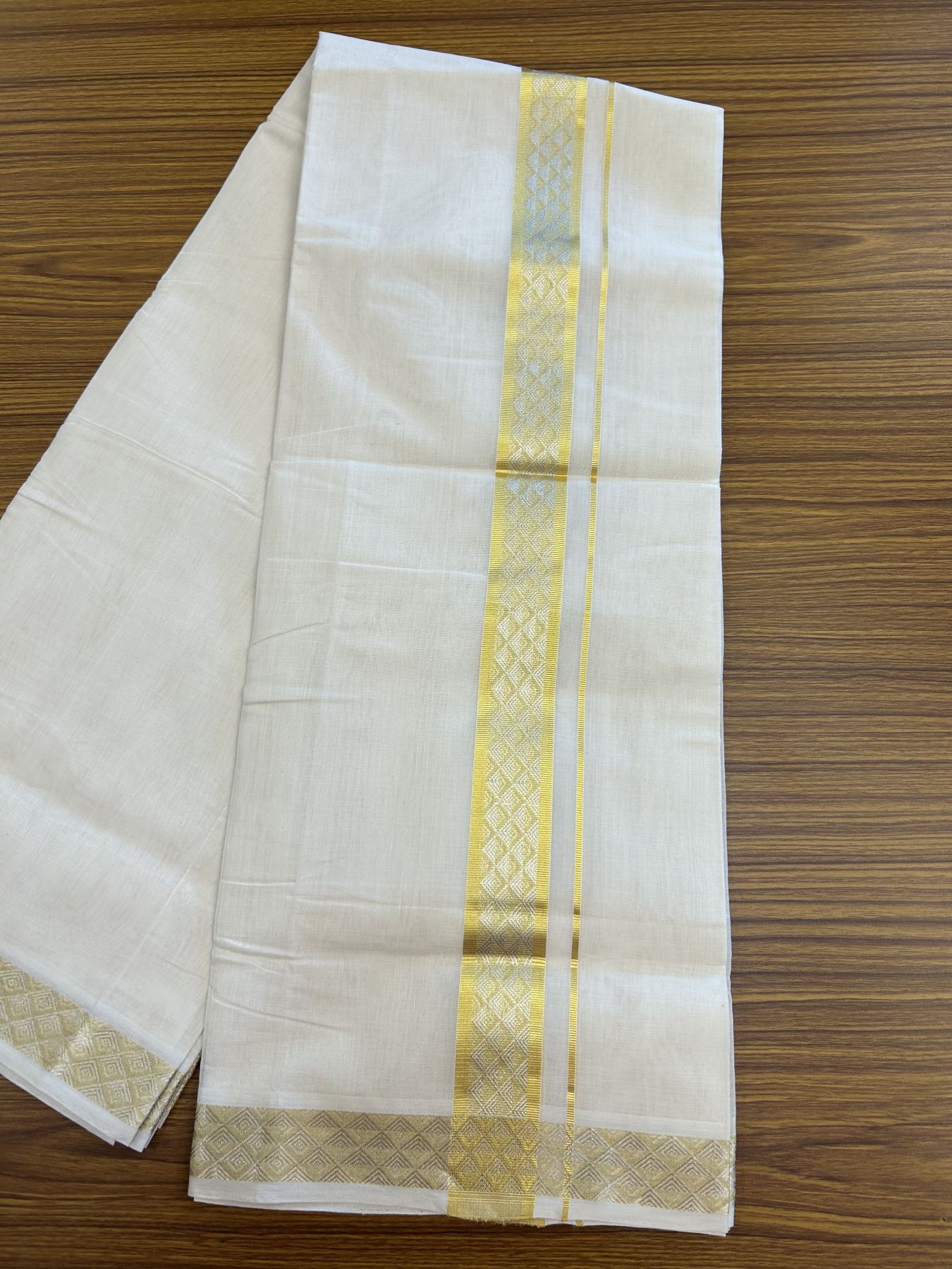 25% Discount ! KaithariKada Handloom Millpaav - Kerala Handloom - 100% Pure Cotton Off White (Unbleached) Double Mundu/Dhoti - 80x90 - 1.75 inch Gold Kasav & Silver Kasav Jacquard Design Kara 4 mtr (8.5 Muzham) - 20 KK5337 RAM