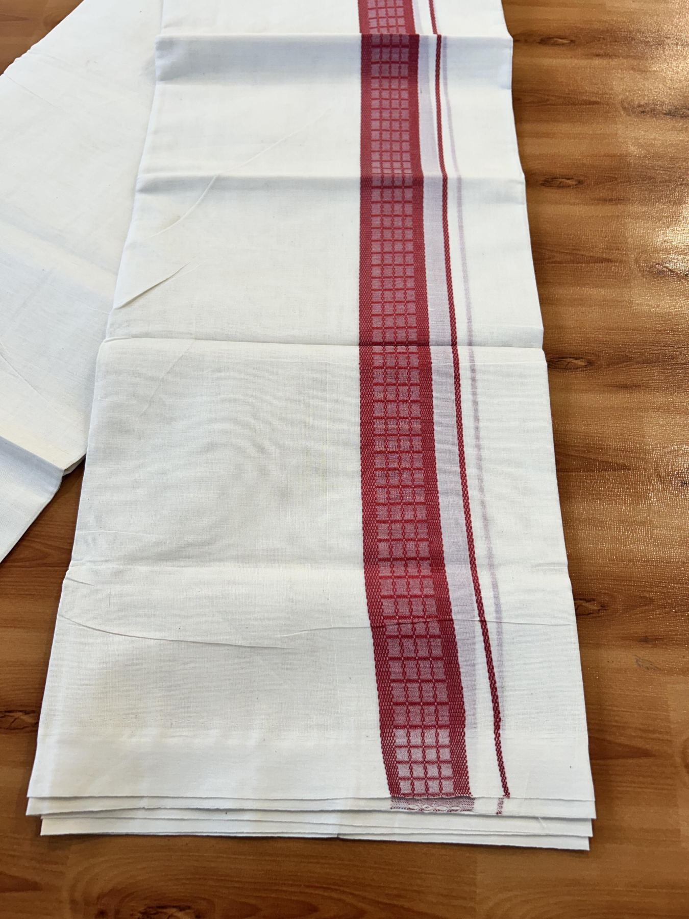 Double Off White (Unbleached) Mundu/Dhoti- 20% Discount! KaithariKada 100%  Cotton - 100X80 - 1.5 inch Rose Red Shaded Check Designer Kara - 4 mtr (8.5 Muzham) - 37 KK5451 THI