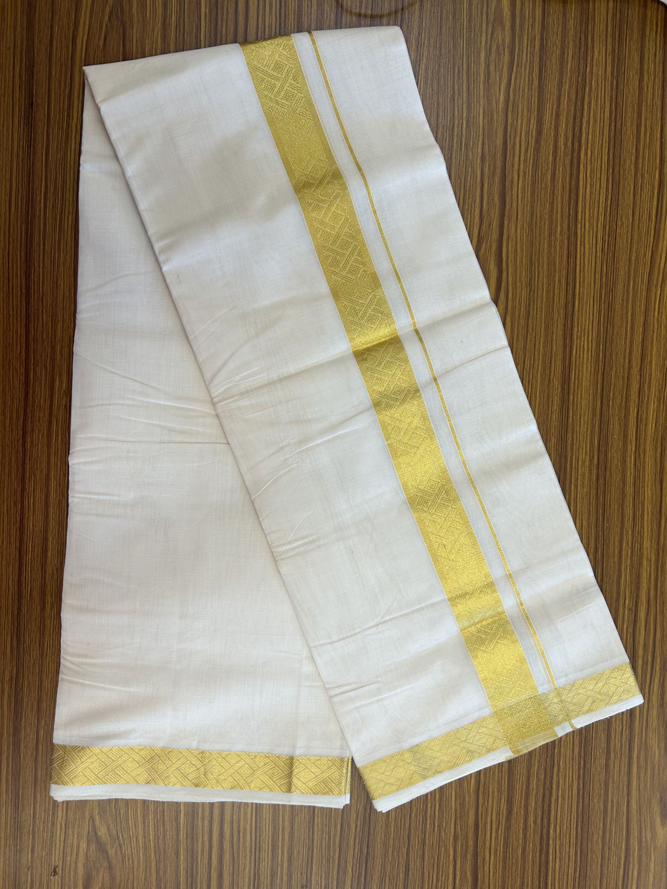 25% Discount ! KaithariKada Kerala Handloom Millpaav  - 100% Pure Cotton Off White- (Unbleached) Double Mundu/Dhoti - 80x90 - 1.75 inch Gold Kasav Jacquard Design Kara 4 mtr (8.5 Muzham) - 46 KK5337 RAM