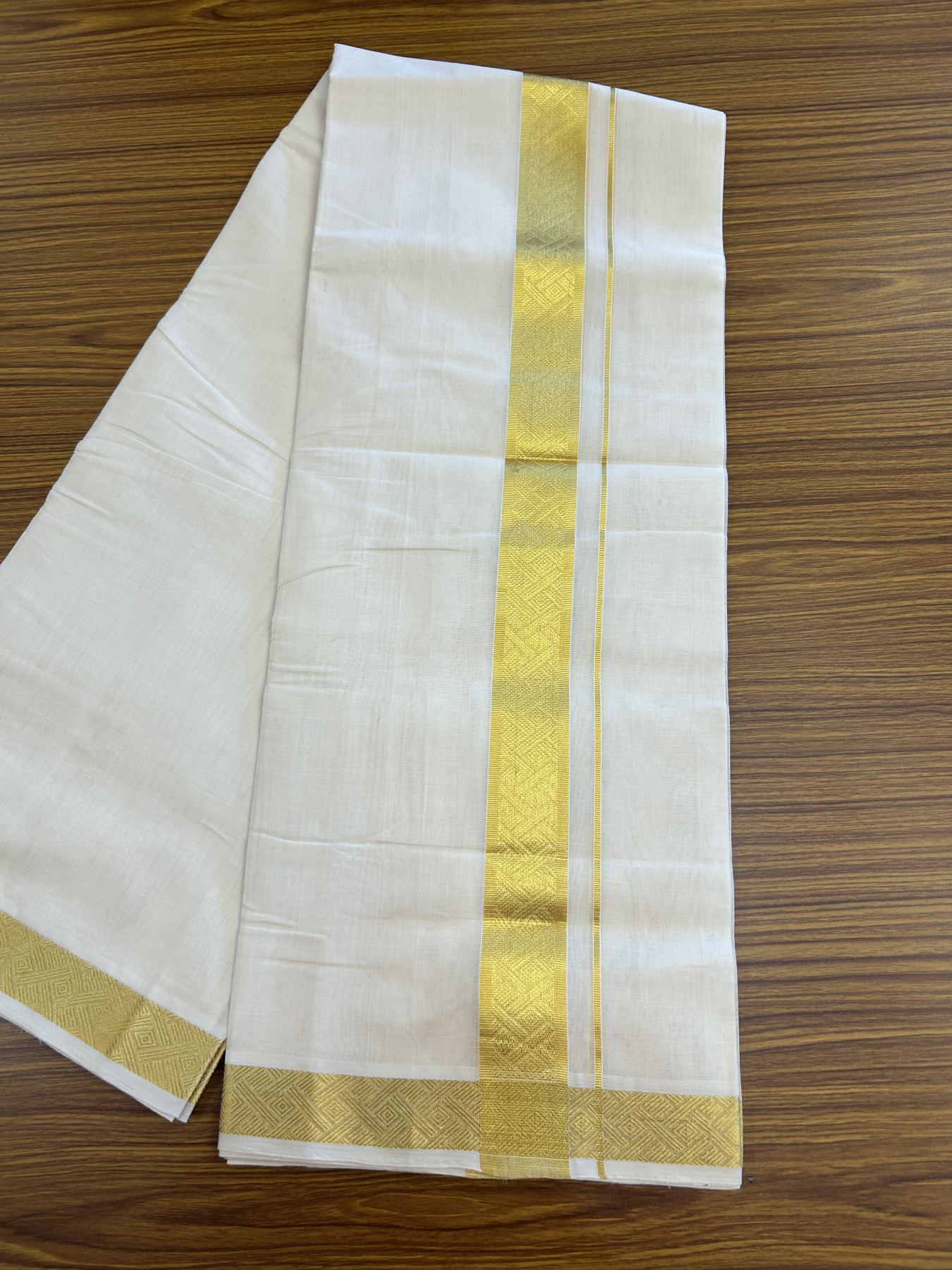 25% Discount ! KaithariKada Kerala Handloom Millpaav  - 100% Pure Cotton Off White- (Unbleached) Double Mundu/Dhoti - 80x90 - 1.75 inch Gold Kasav Jacquard Design Kara 4 mtr (8.5 Muzham) - 46 KK5337 RAM