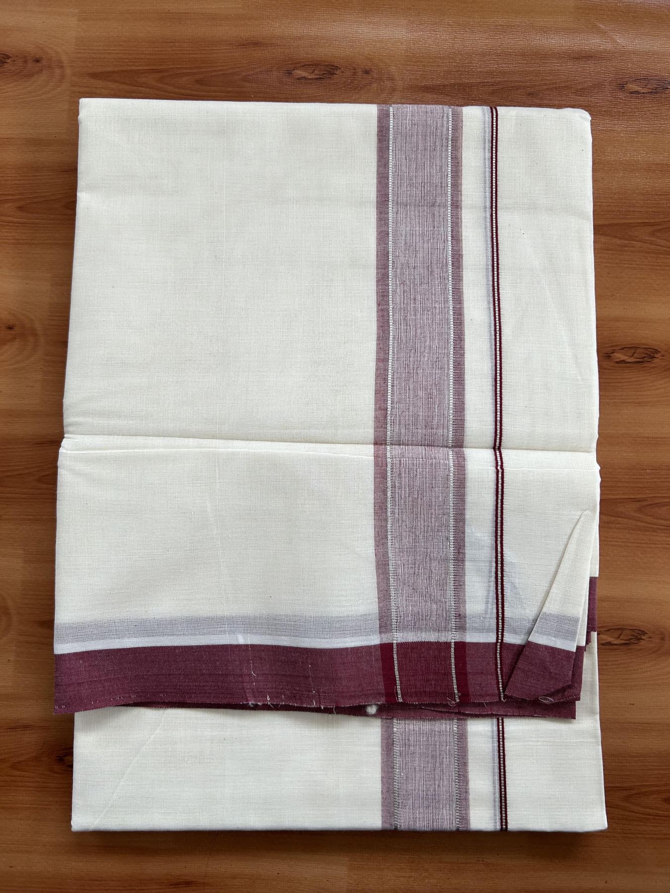 Double Off White (unbleached) Mundu/Dhoti -20% Discount ! KaithariKada Balaramapuram - 100% Cotton - 60s- 1.5 inch Silver Kasav & Maroon Shaded Kara 4 mtr (8.5 muzham) - 4 KK5398 PMC