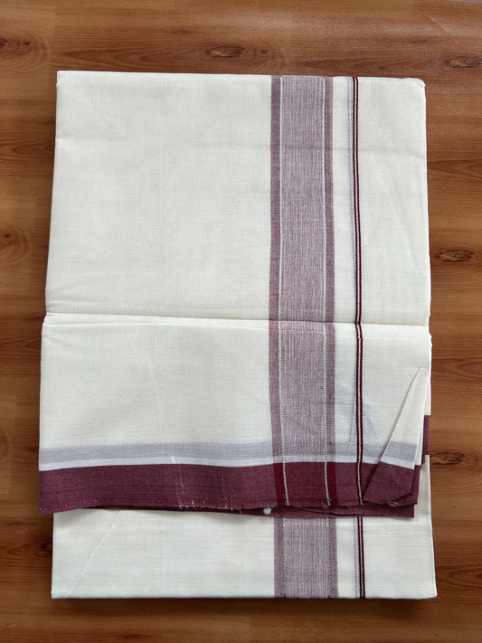 Double Off White (unbleached) Mundu/Dhoti -20% Discount ! KaithariKada Balaramapuram - 100% Cotton - 60s- 1.5 inch Silver Kasav & Maroon Shaded Kara 4 mtr (8.5 muzham) - 4 KK5398 PMC