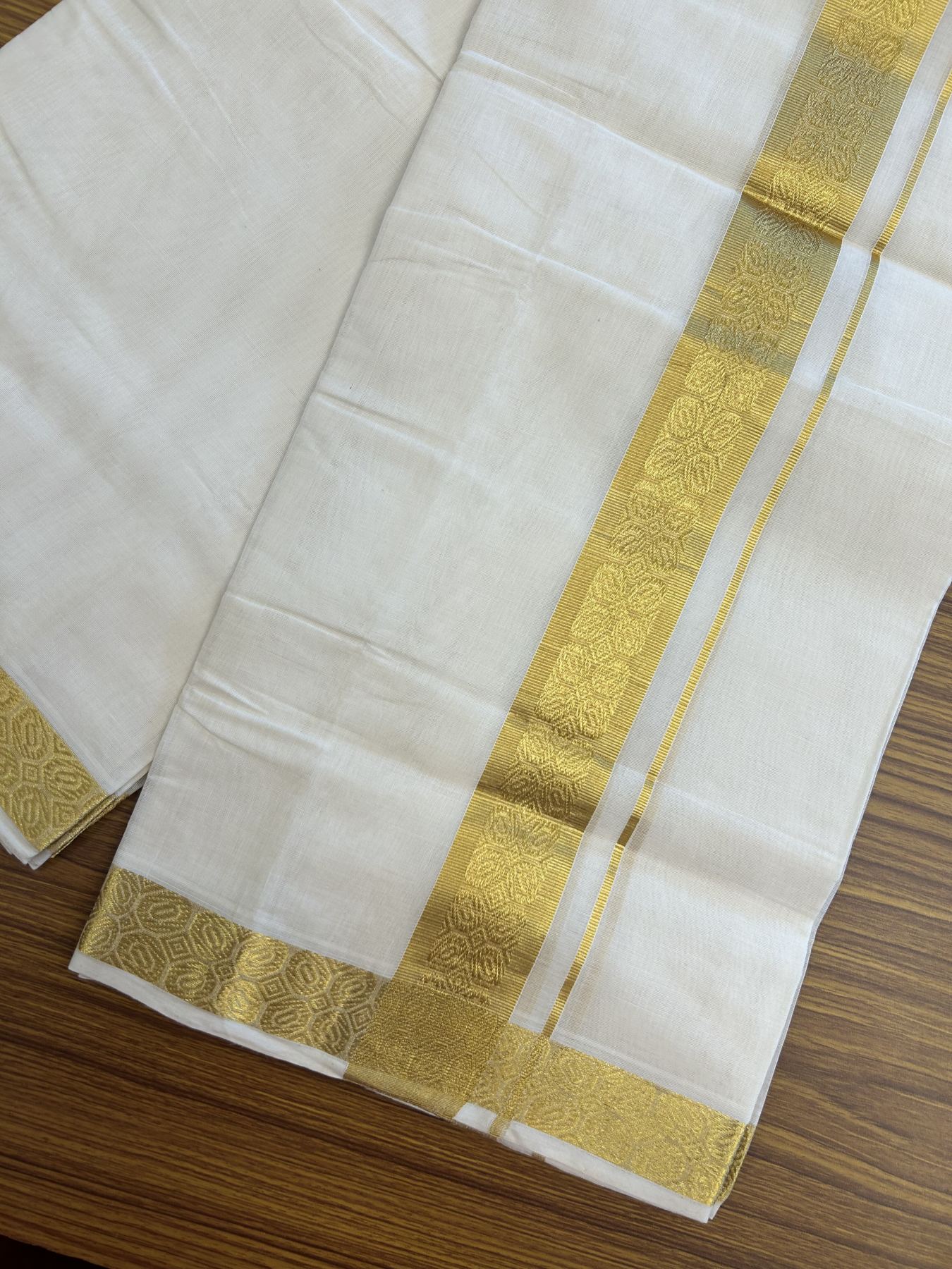 25% Discount ! KaithariKada Kerala Handloom Millpaav  - 100% Pure Cotton Off White- (Unbleached) Double Mundu/Dhoti - 80x90 - 1.75 inch Gold Kasav Jacquard Design Kara 4 mtr (8.5 Muzham) - 47 KK5337 RAM