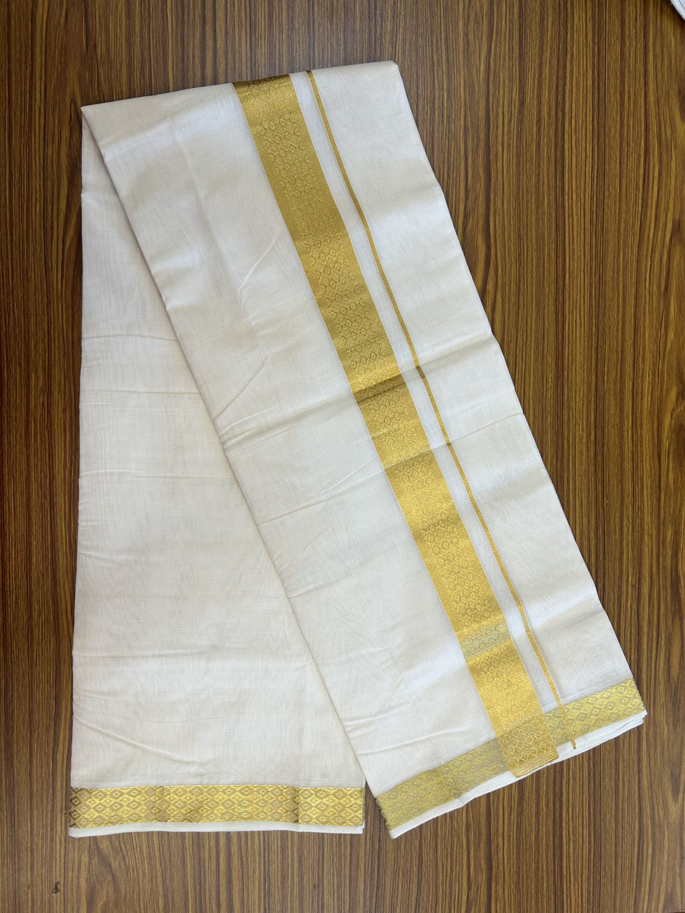 25% Discount ! KaithariKada Kerala Handloom Millpaav  - 100% Pure Cotton Off White- (Unbleached) Double Mundu/Dhoti - 80x90 - 1.75 inch Gold Kasav Jacquard Design Kara 4 mtr (8.5 Muzham) - 48 KK5337 RAM